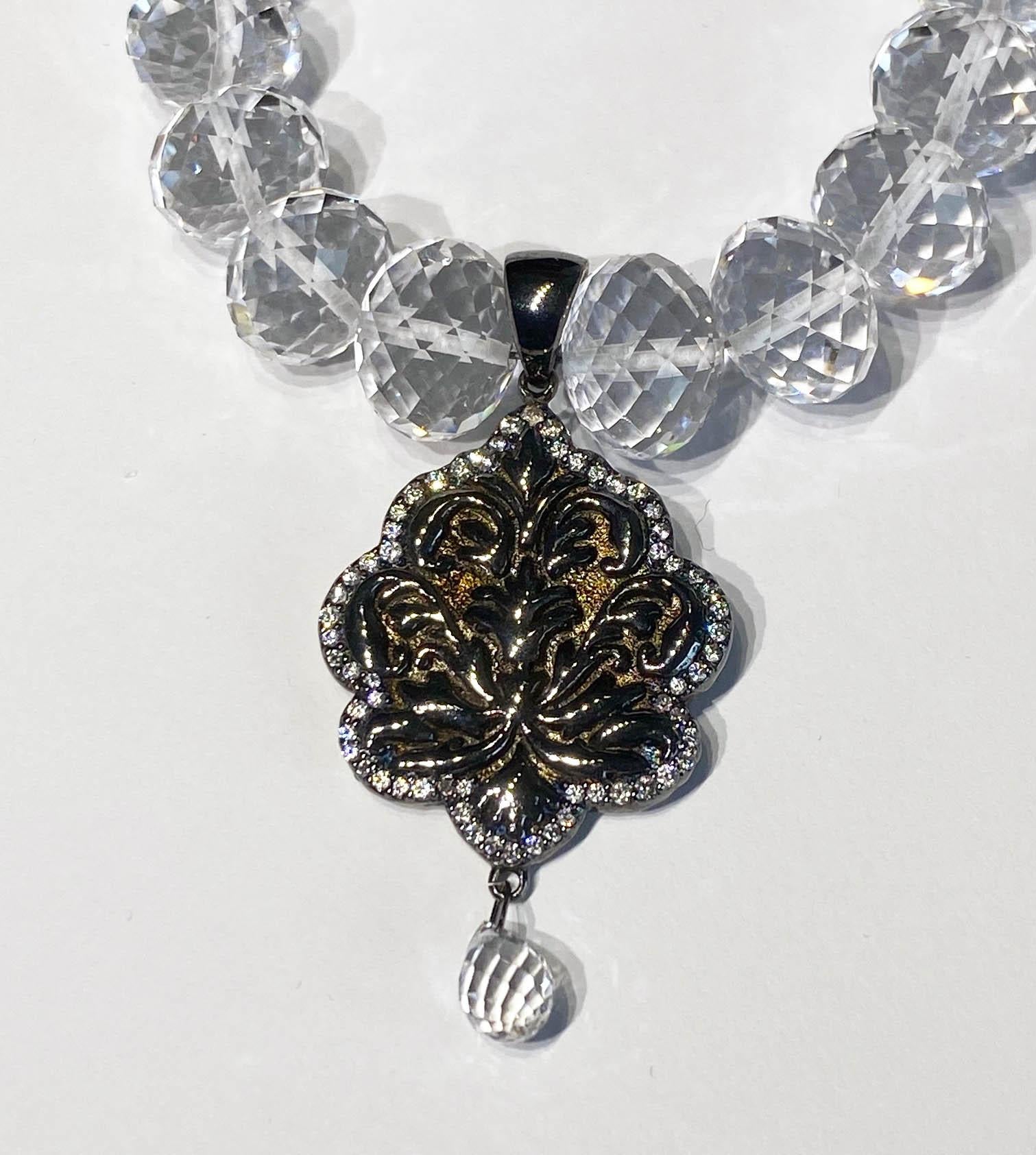 Edwardian Quartz Beaded Necklace with a Blackened Silver Pendant Set with Sapphires