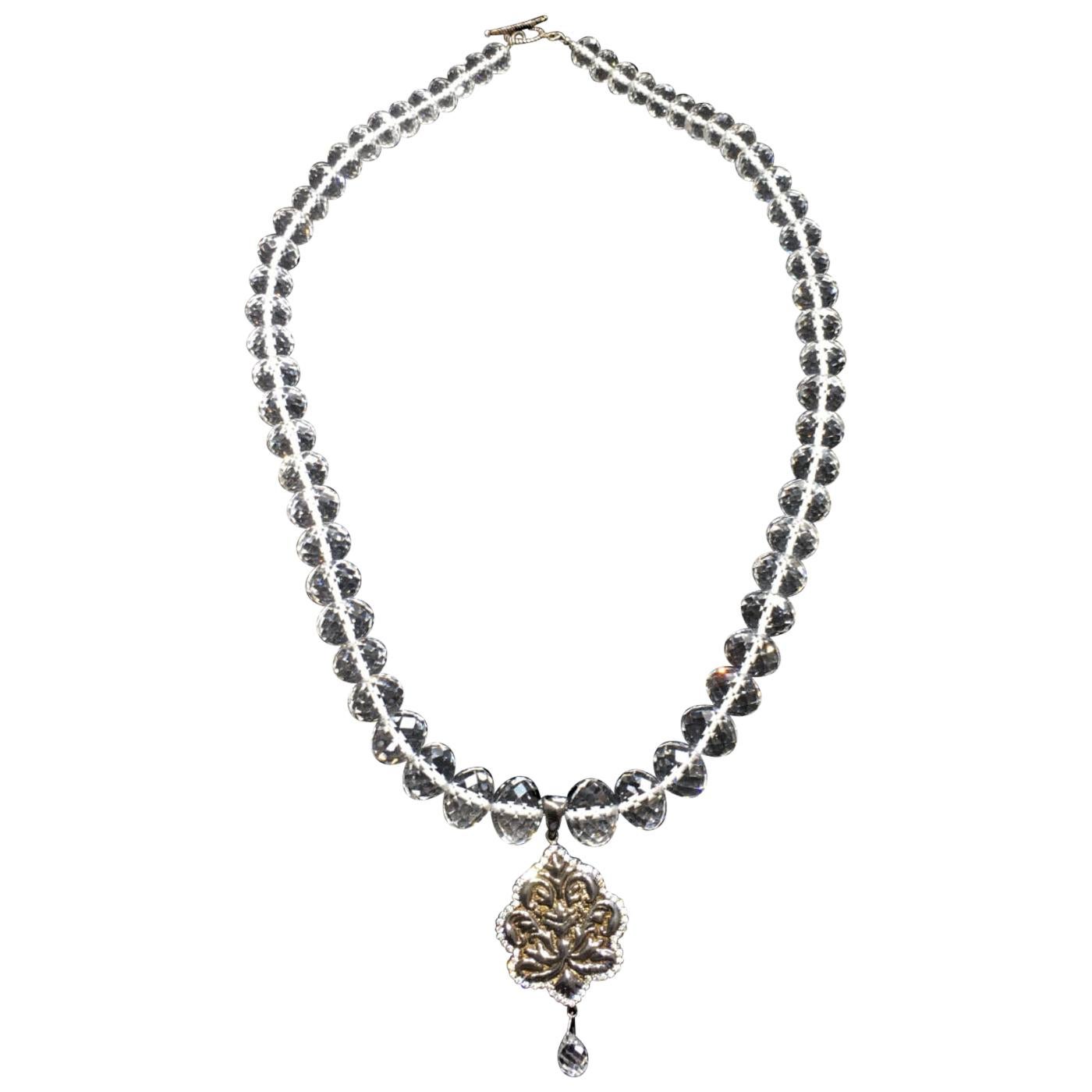 Quartz Beaded Necklace with a Blackened Silver Pendant Set with Sapphires