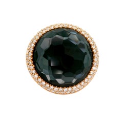 Quartz Black Onyx Diamond 18k Yellow Gold Double Halo Cocktail Ring