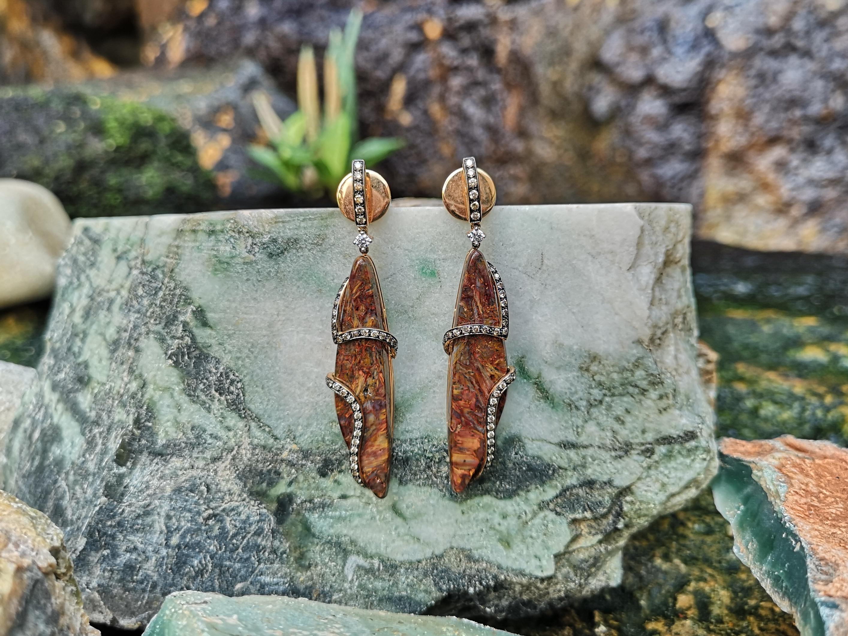 Contemporary Quartz, Brown Diamond and Diamond Earrings in 18K Gold For Sale