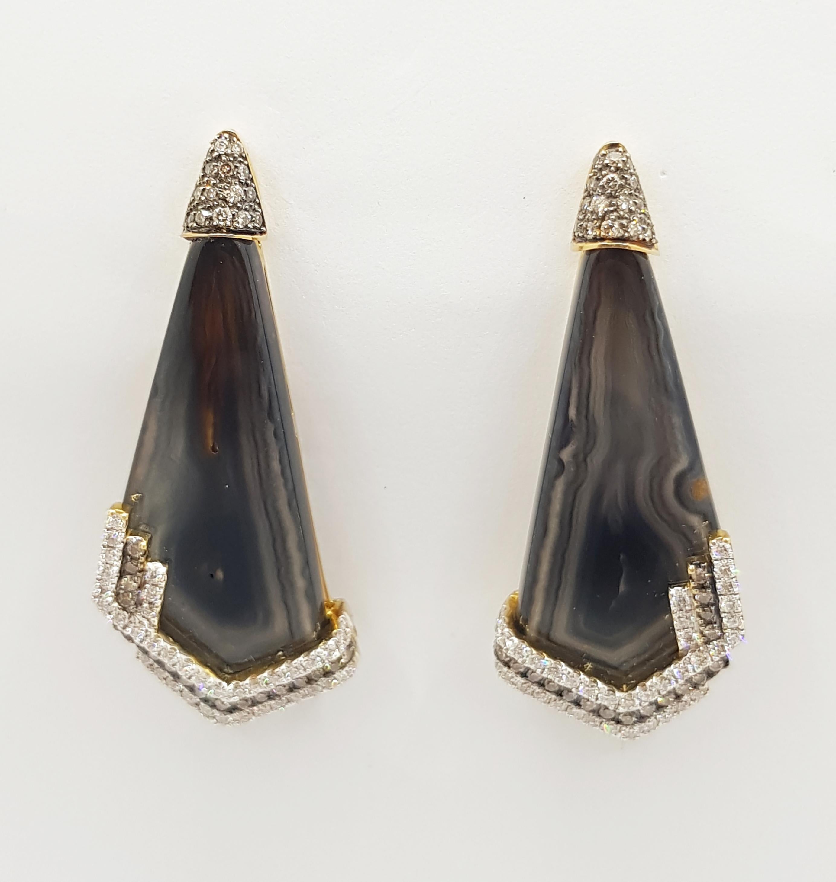 Contemporary Quartz, Brown Diamond and Diamond Earrings Set in 18 Karat Gold Settings For Sale