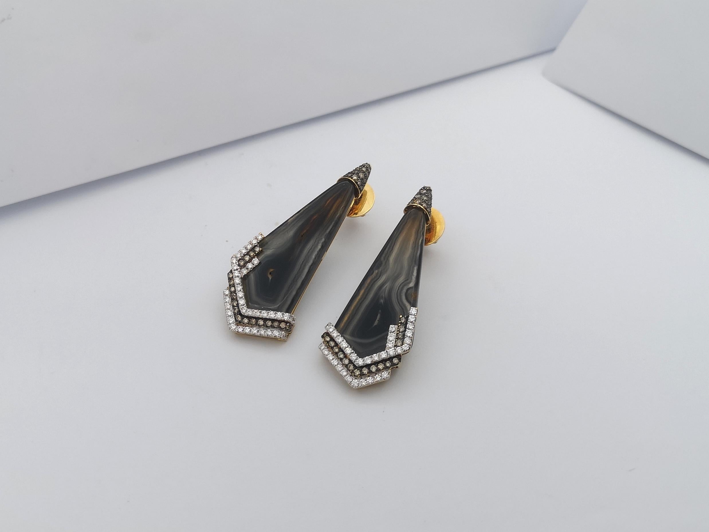 Mixed Cut Quartz, Brown Diamond and Diamond Earrings Set in 18 Karat Gold Settings For Sale