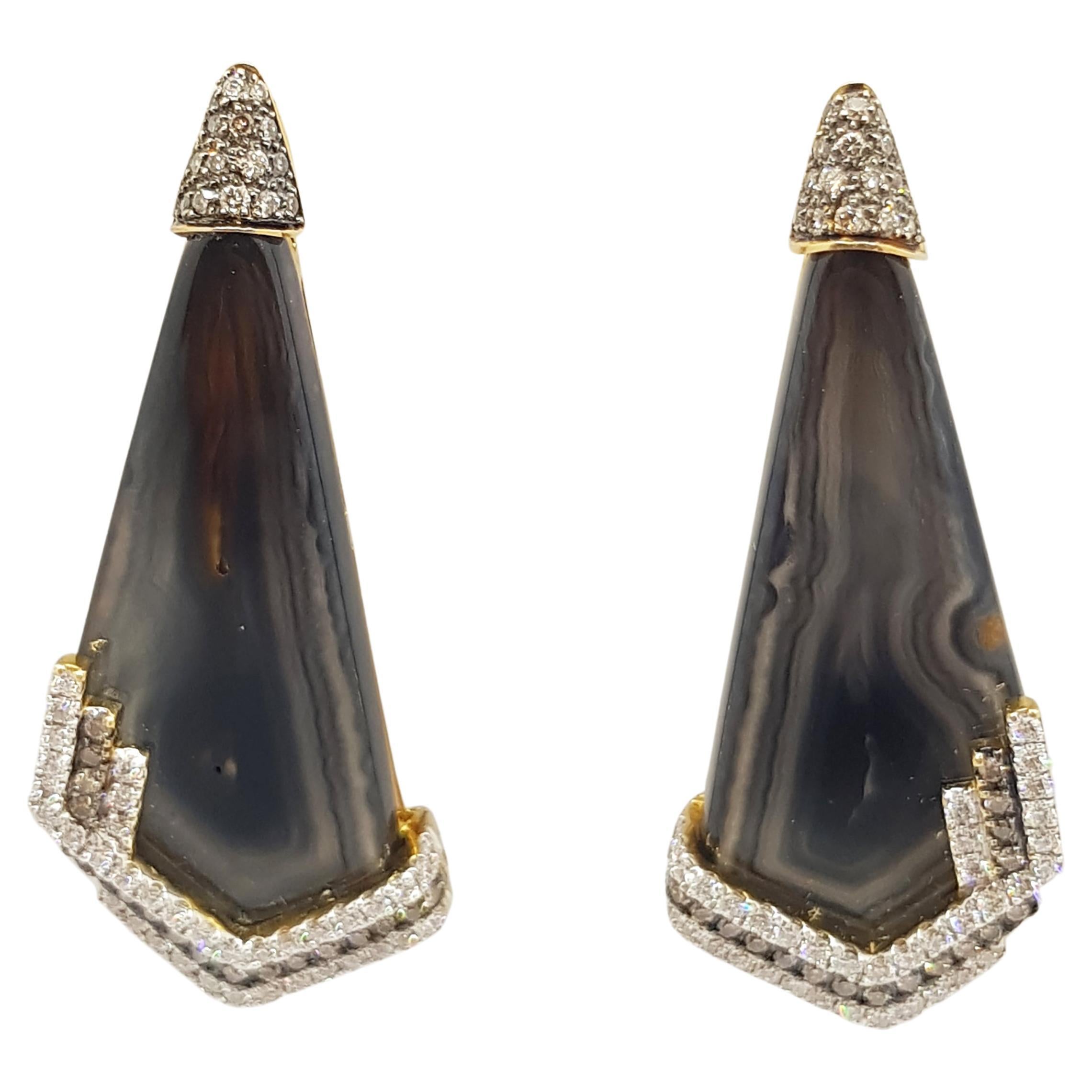 Quartz, Brown Diamond and Diamond Earrings Set in 18 Karat Gold Settings For Sale