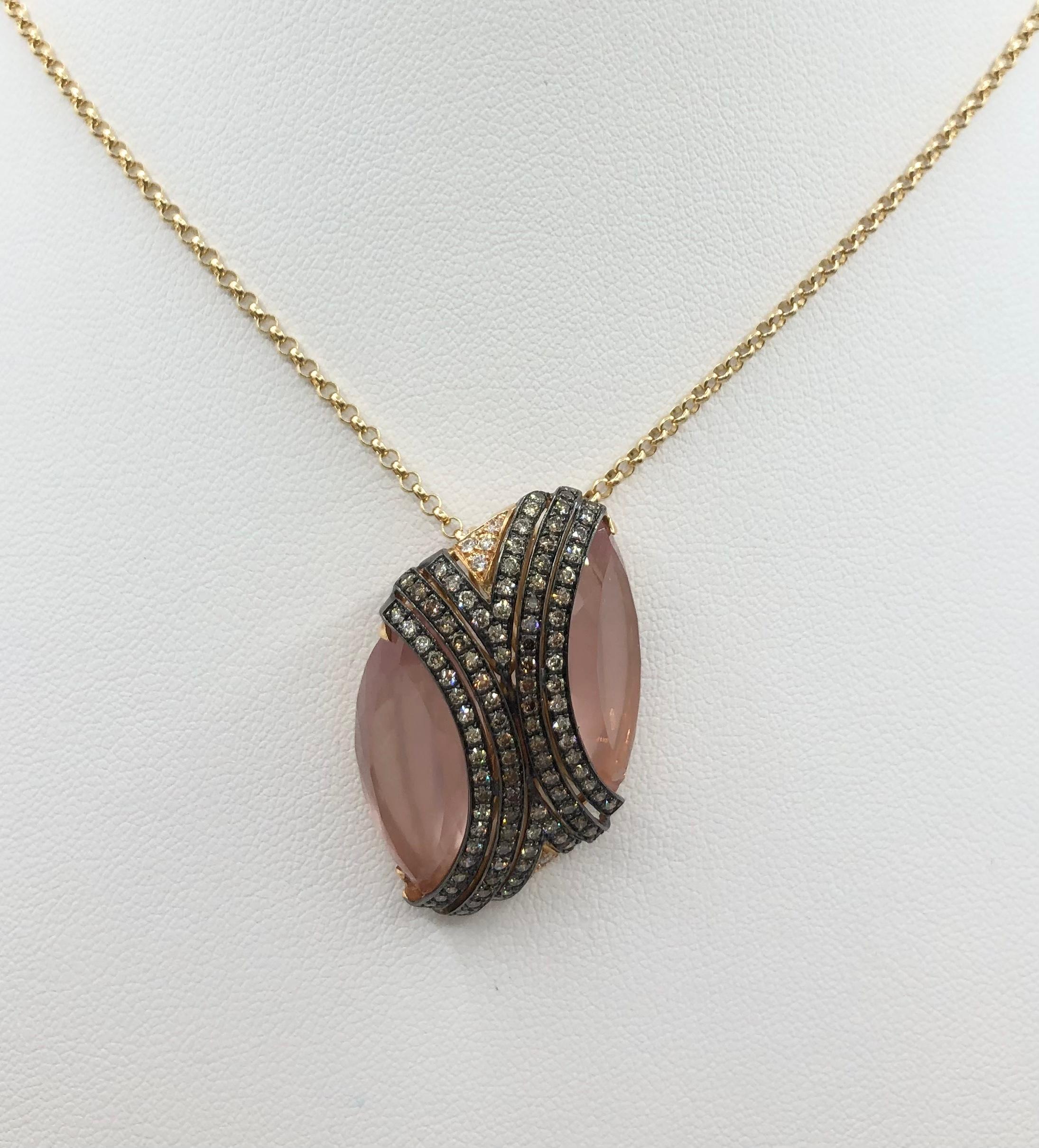 Contemporary Quartz, Brown Diamond and Diamond Pendant Set in 18 Karat Rose Gold Settings For Sale