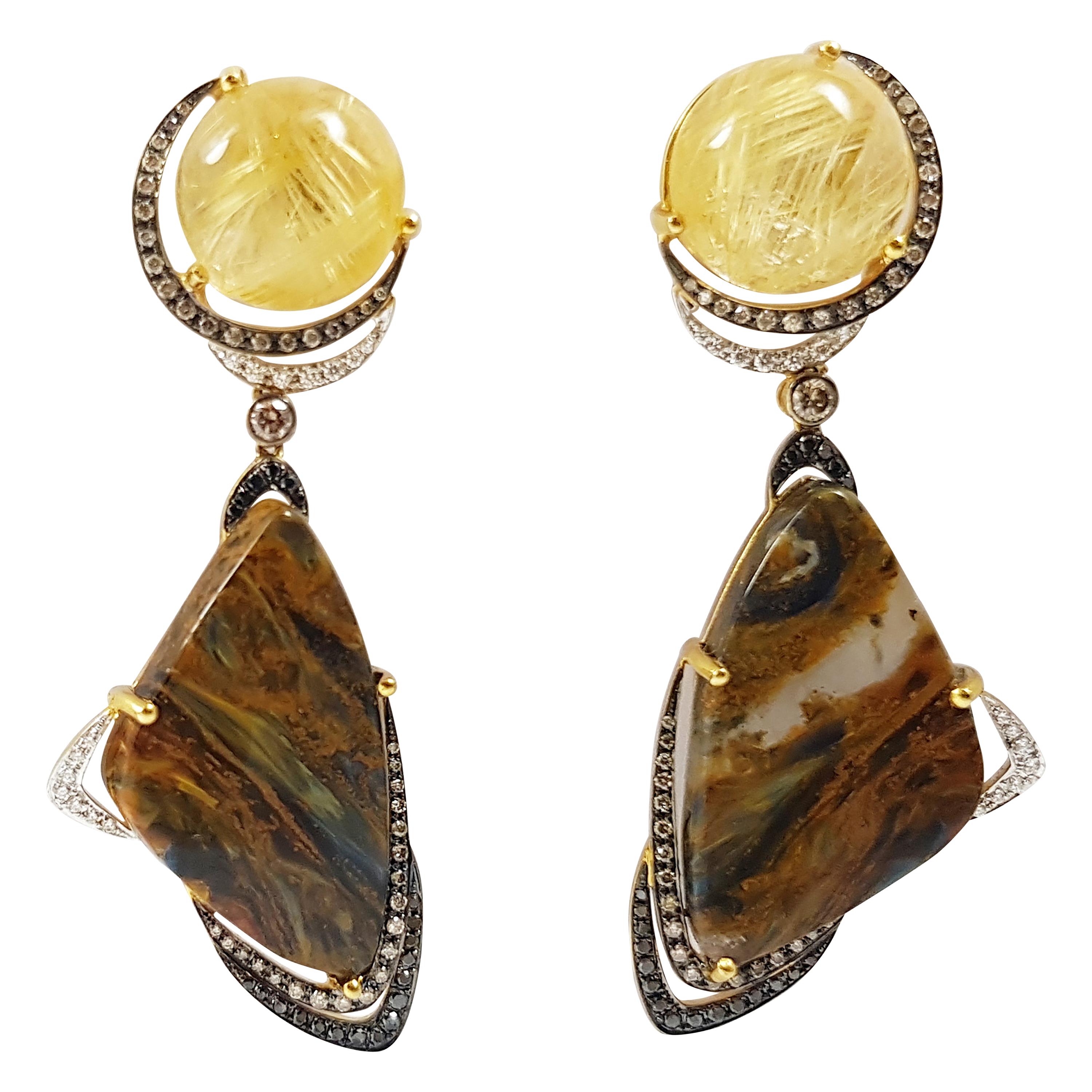 Quartz, Brown Diamond Earrings in 18K Gold For Sale