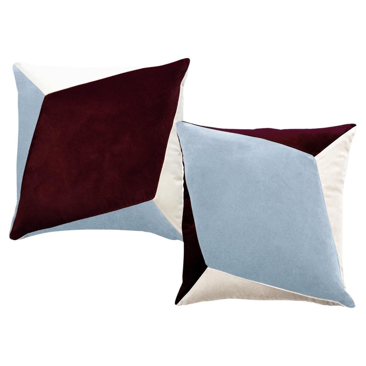 QUARTZ Borgogna e Blu - Set di 2 cuscini decorativi in velluto deluxe fatti a mano