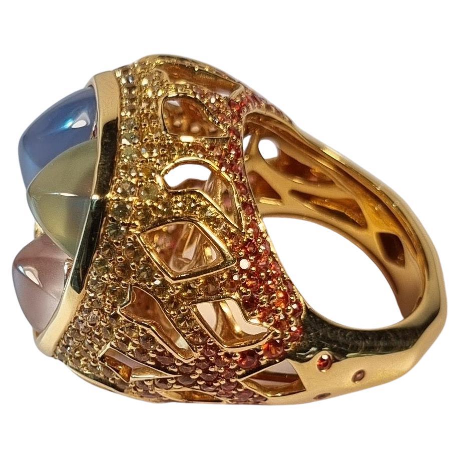 Quartz Calcedony and yellow sapphires in  18k Yellow Gold Ring
Total 13.18ct
Yellow Saphires 3.49ct
White Diamonds EFVVS 0.02ct 
Size 55 europe 

Irama Pradera is a dynamic and outgoing designer from Spain that searches always for the best gems and