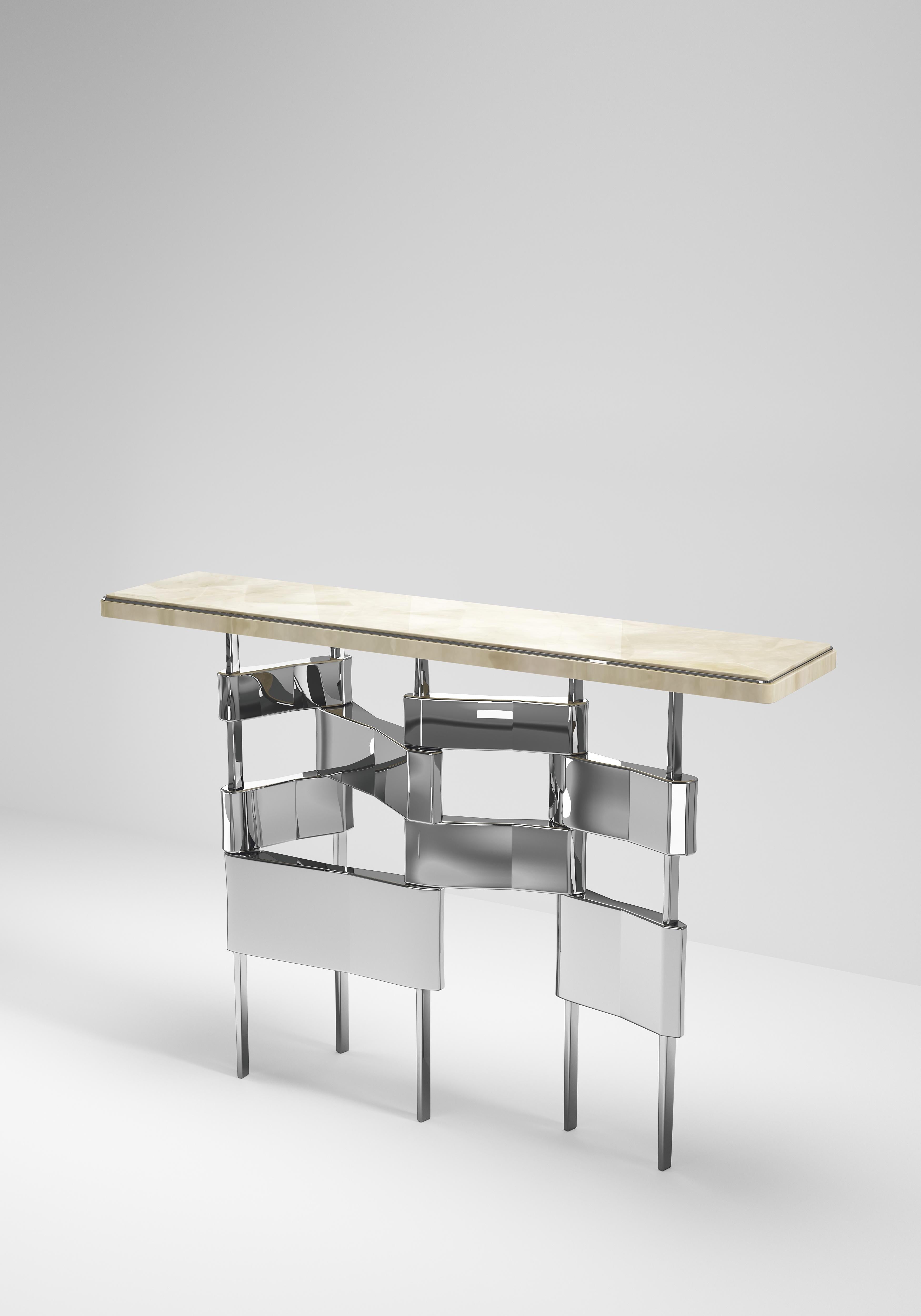 Art Deco Quartz Console Table with Polished Stainless Steel Details by Kifu Paris For Sale
