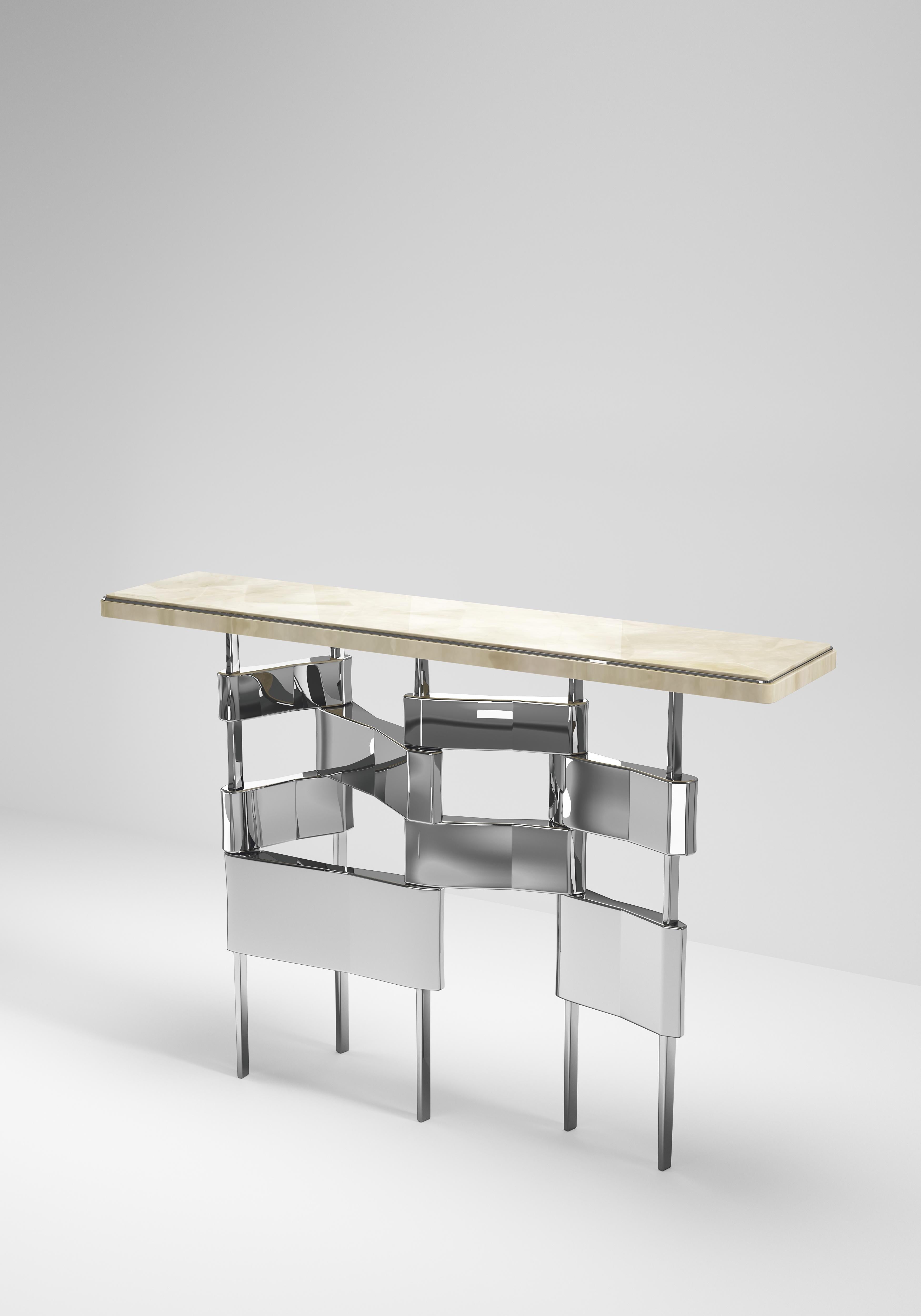 Français Table console en quartz avec détails en acier inoxydable poli de Kifu Paris en vente