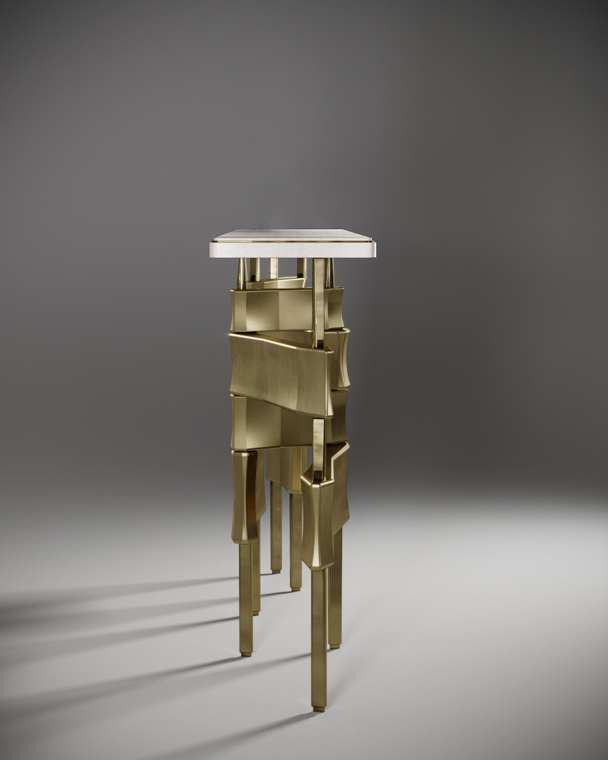 Hand-Crafted Quartz Console Table with Polished Stainless Steel Details by Kifu Paris For Sale