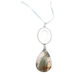 Quartz Crystal and Enamel/Lucite Type Open Oval Pendant Necklace