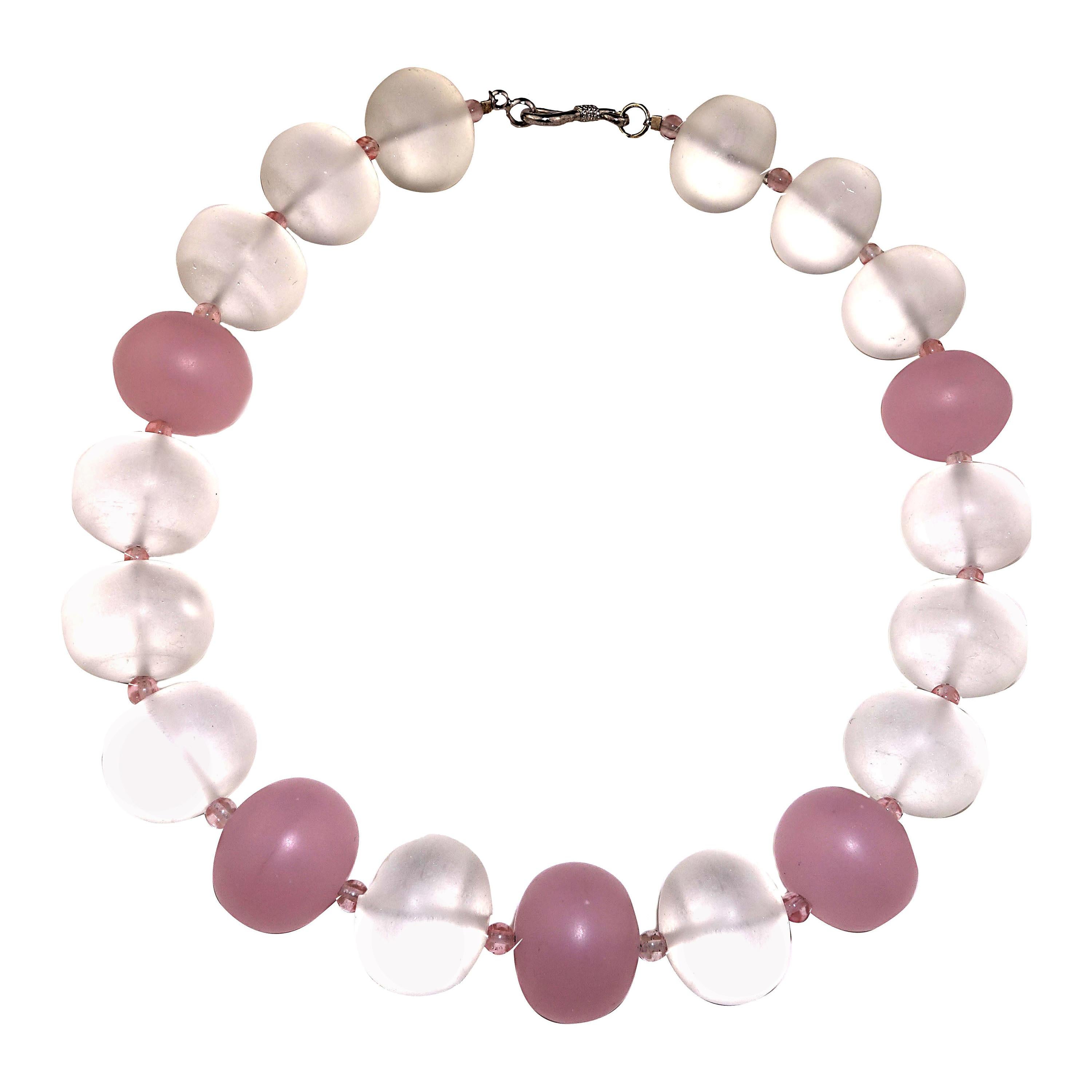 Custom made 18 inch necklace in frosted Rose Quartz and frosted Quartz Crystal Beads of 22MM  accented with rose spacers. Delicate colors in a bold, statement necklace.  Silver plate clasp.  Wear this elegant necklace with all your Summer ensembles.