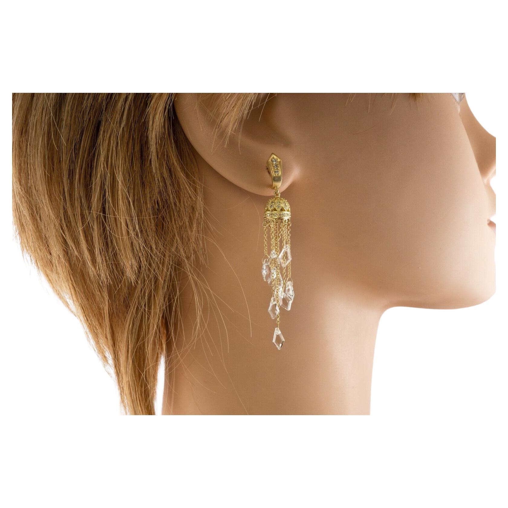 Quartz Crystal Diamond Earrings Dangle 18K Gold Drop Long