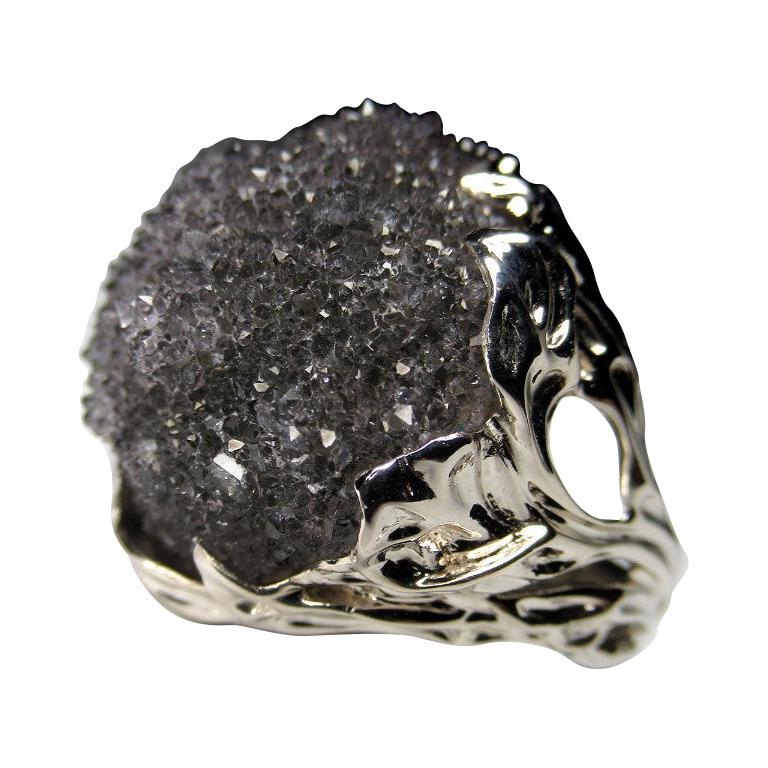 Quartz Crystal Gold Ring Charcoal Black Panther Style Uncut Stone Unisex For Sale