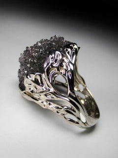 Quartz Crystal Gold Ring Charcoal Black Panther Style Uncut Stone Unisex