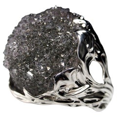 Quartz Crystal Gold Ring Charcoal Black Panther Style Uncut Stone Unisex