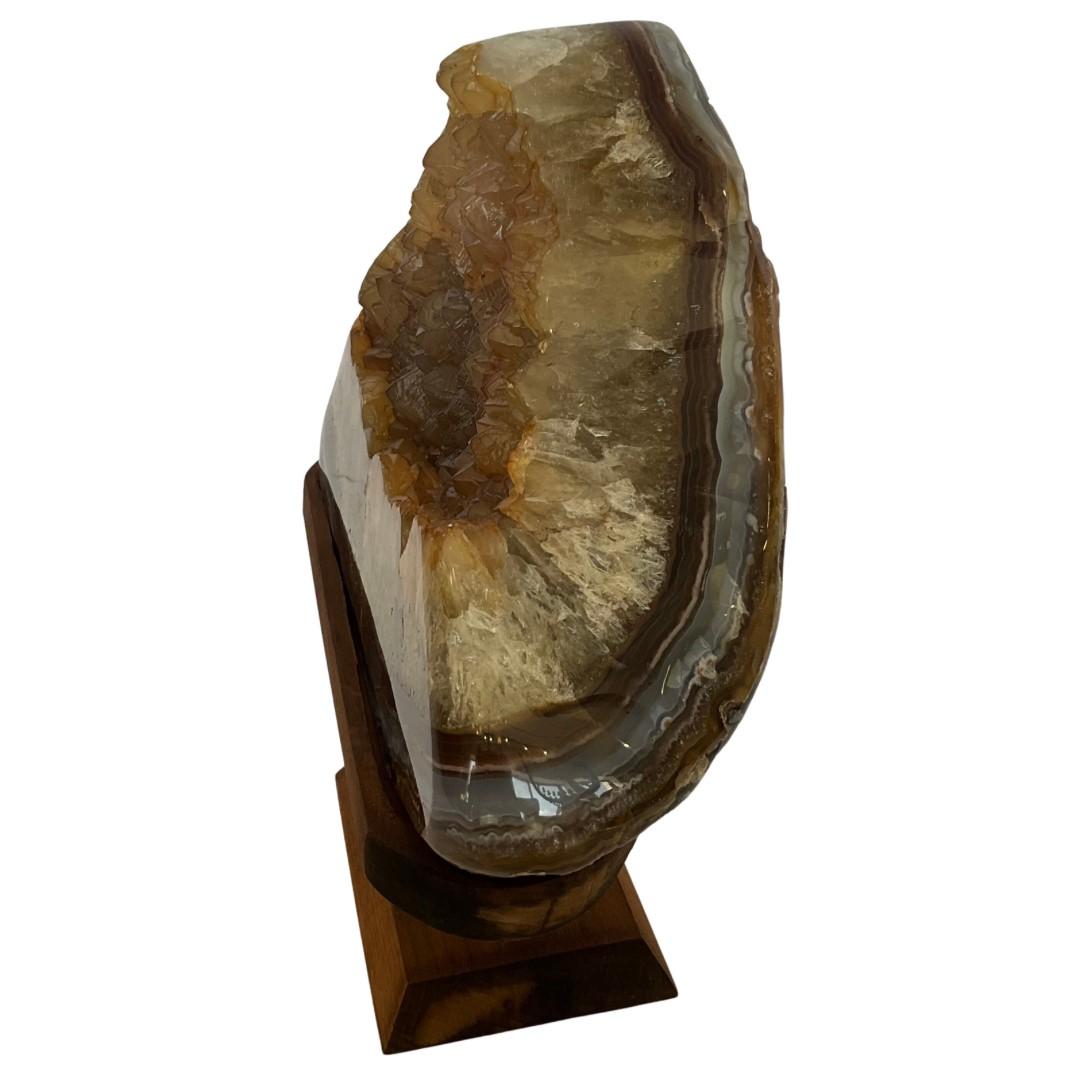 Brazilian Quartz Crystal with Agate on Wood Stand For Sale