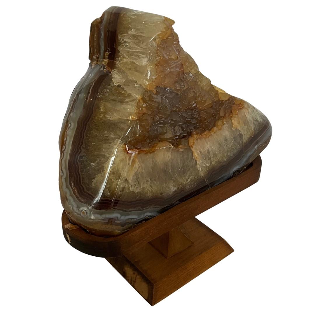 Woodwork Quartz Crystal with Agate on Wood Stand For Sale