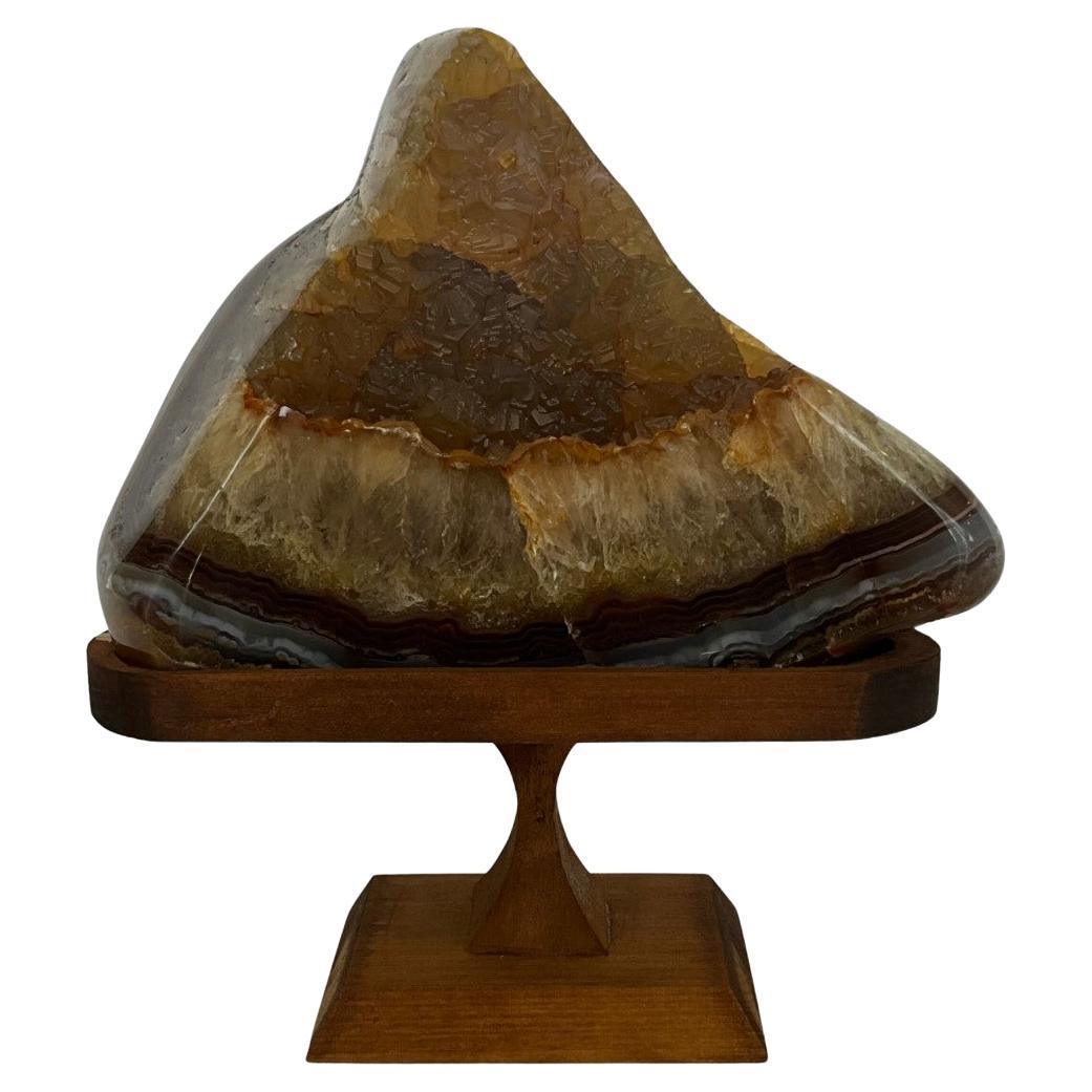 Quartz Crystal with Agate on Wood Stand For Sale