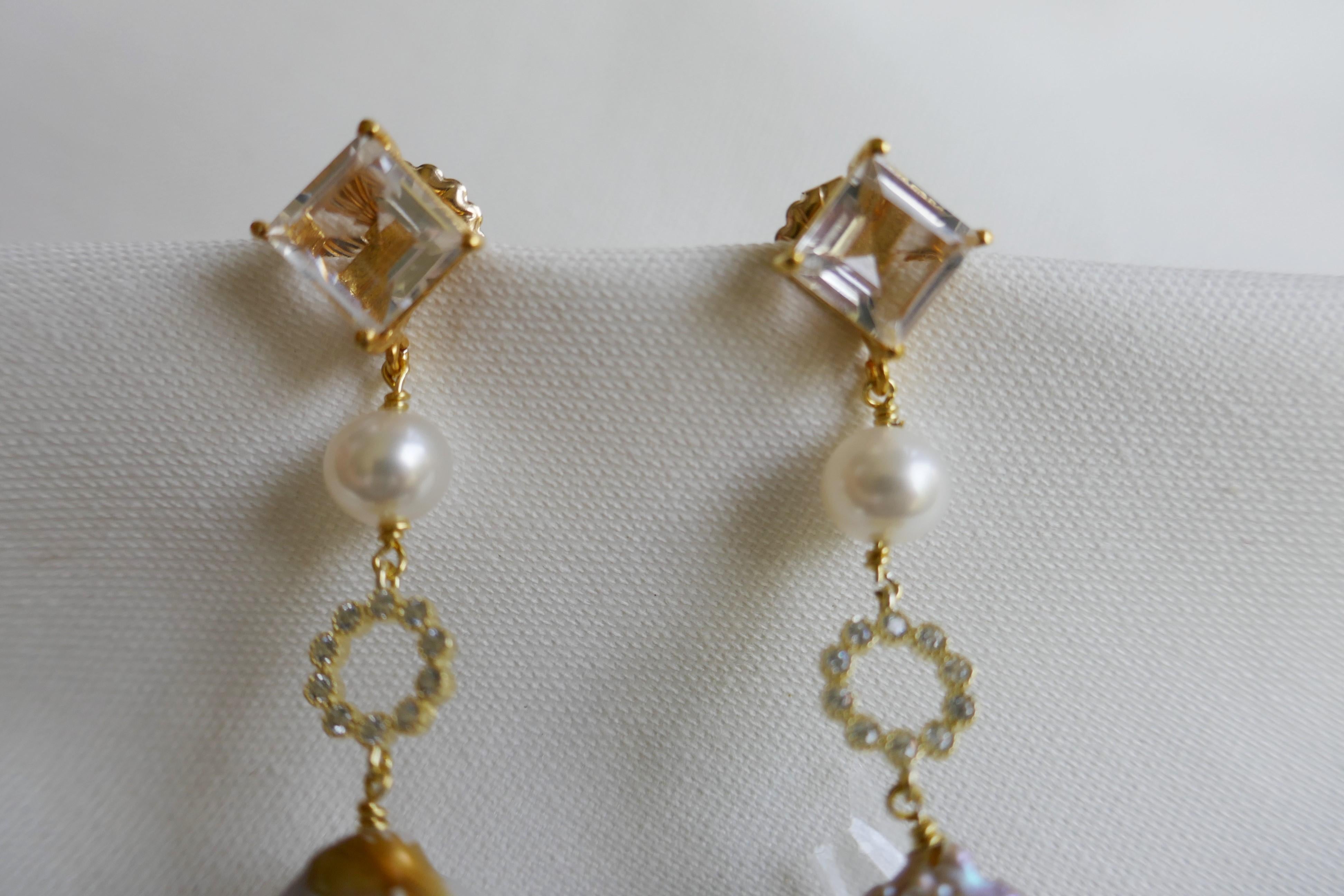 White Topaz Cultured Pearls Cubic Zirconia 14k Plated 925 Silver Earrings In New Condition For Sale In Coral Gables, FL