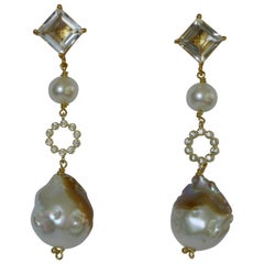 White Topaz Cultured Pearls Cubic Zirconia 14k Plated 925 Silver Earrings