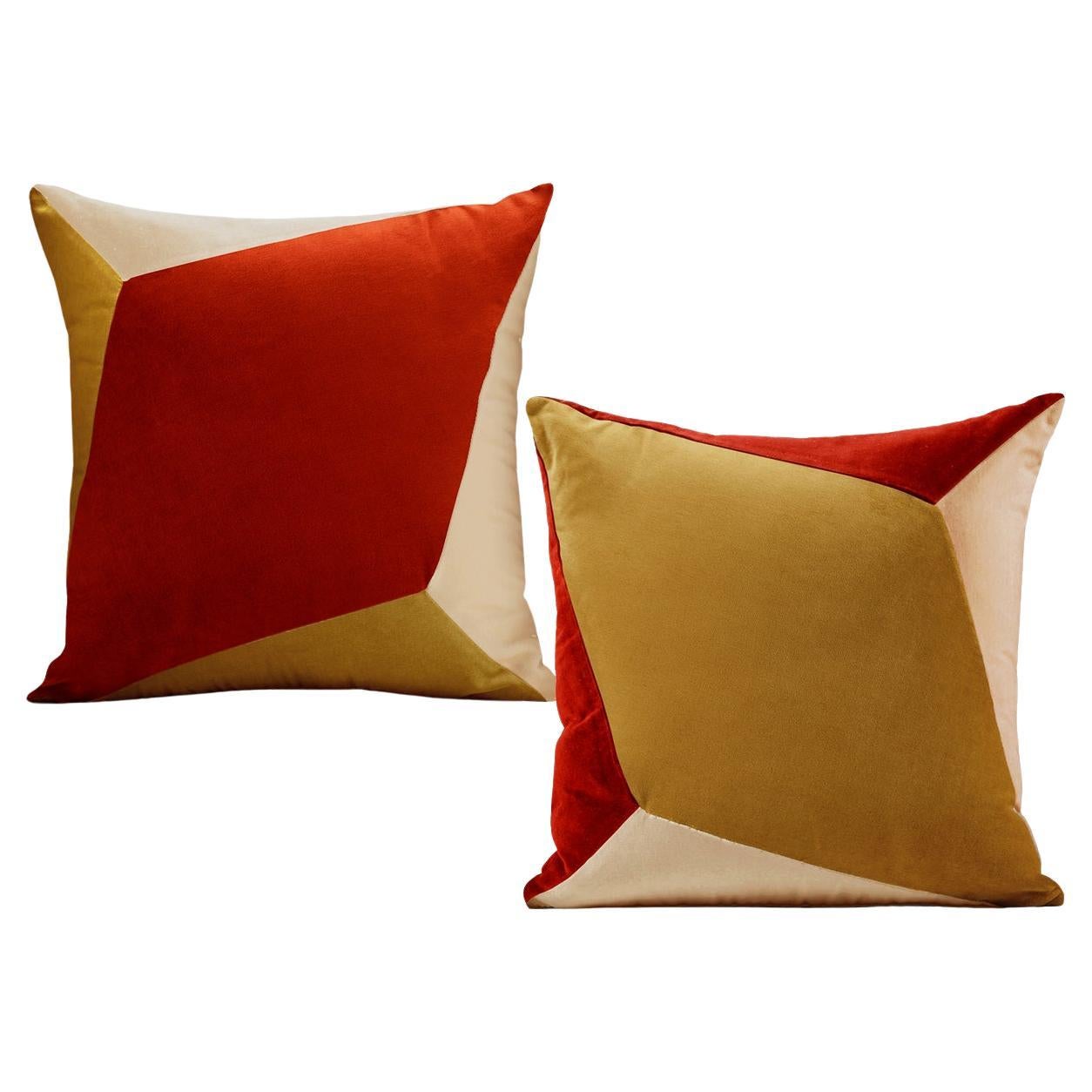 QUARTZ - Lot de 2 coussins Deluxe faits main en velours jaune bouclé et brique