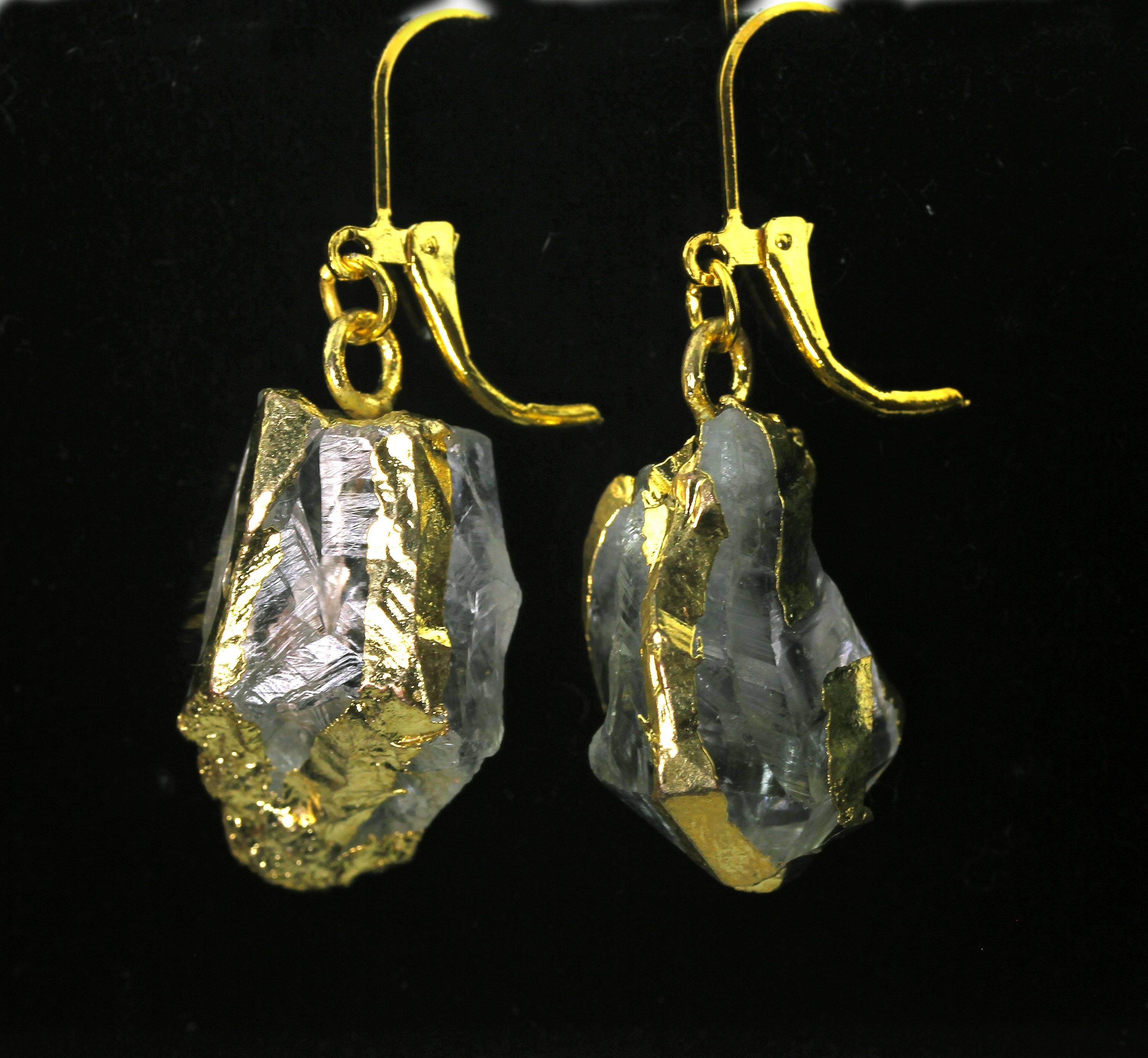 Gold plated lever-back dangling natural Quartz earrings that hang approximately  1 3/4 inches long.  