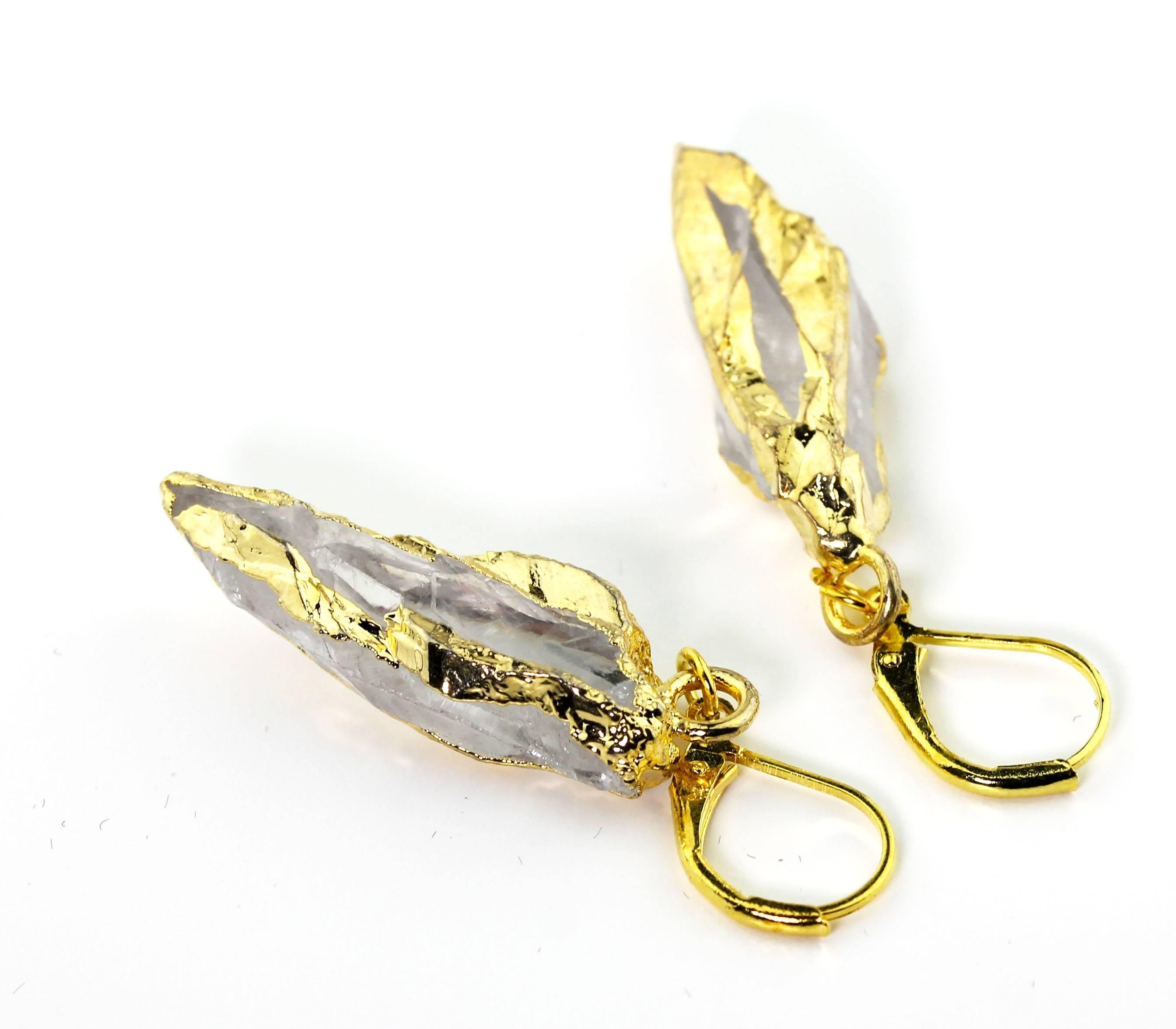 AJD Glittering ARTISTIC Quartz Dangling Gold Plated Lever-back Earrings In New Condition For Sale In Raleigh, NC