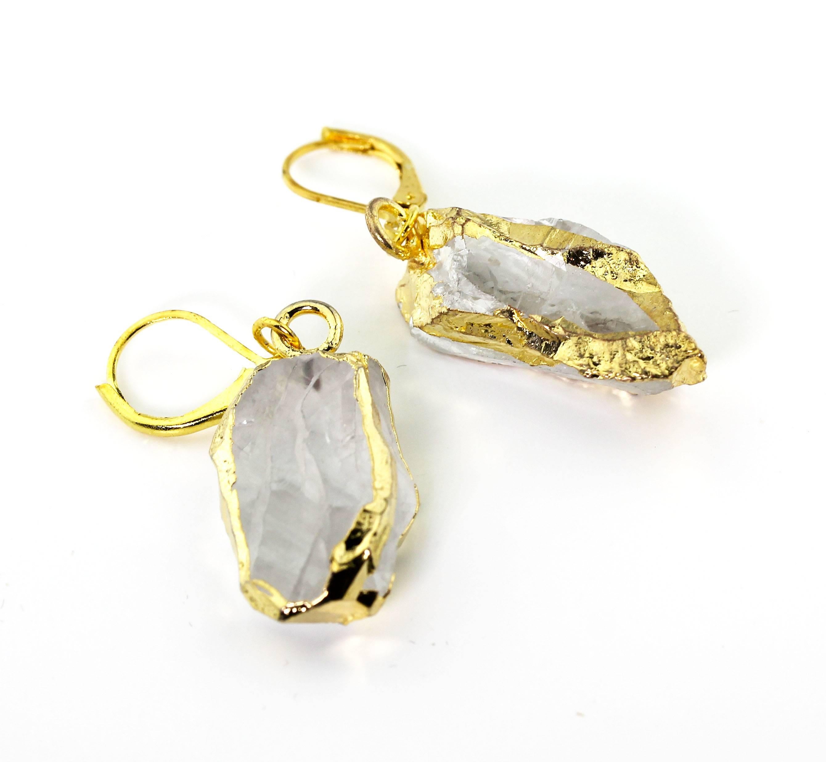 Natural Quartz rock with goldy trim dangling from Gold Plated lever-back earrings.  They hang approximately 1 3/4 inches long and go elegantly and sophisticatedly from daytime to evening.   