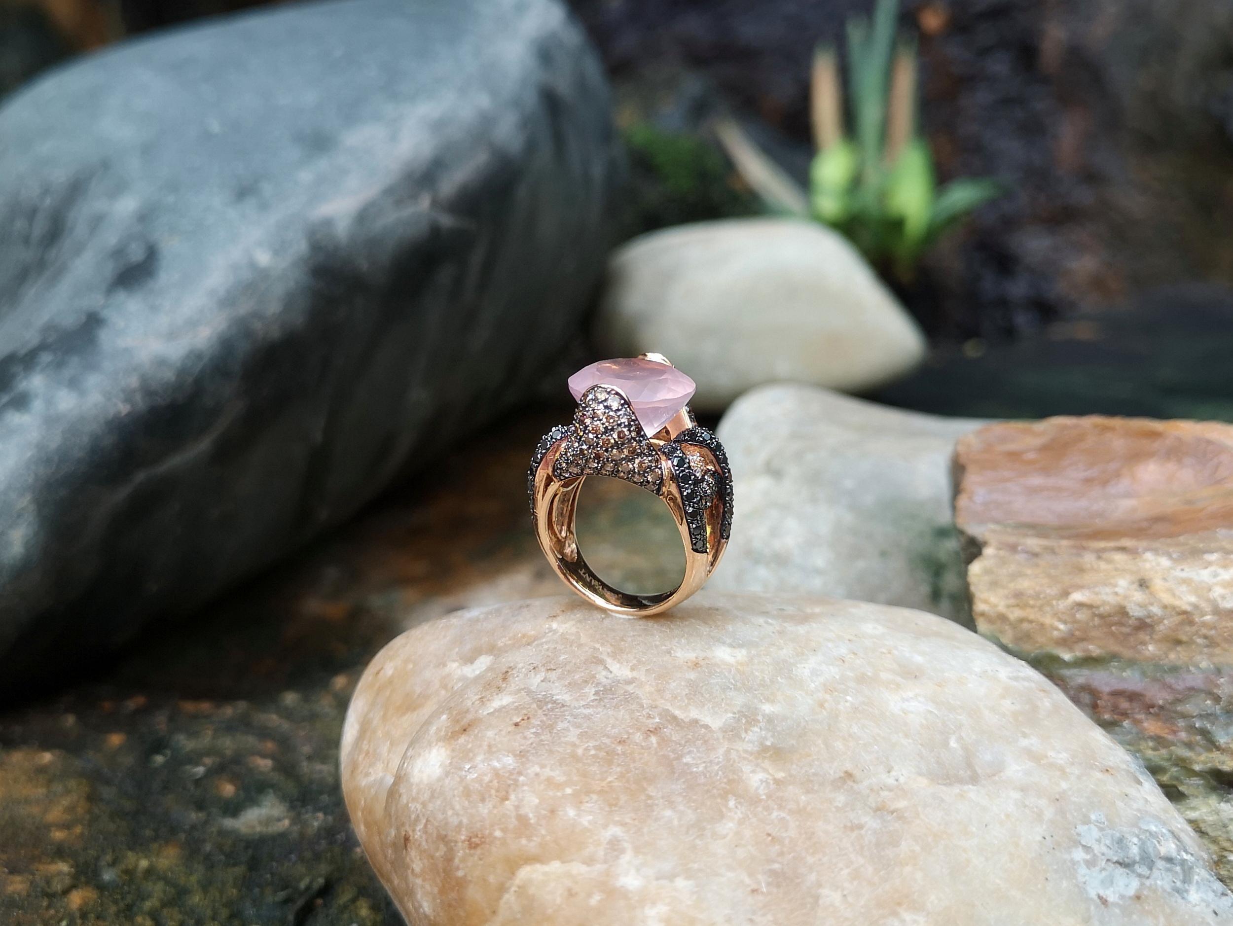 Quartz, Diamond, Brown Diamond and Black Diamond Ring Set in 18 Karat Rose Gold For Sale 3