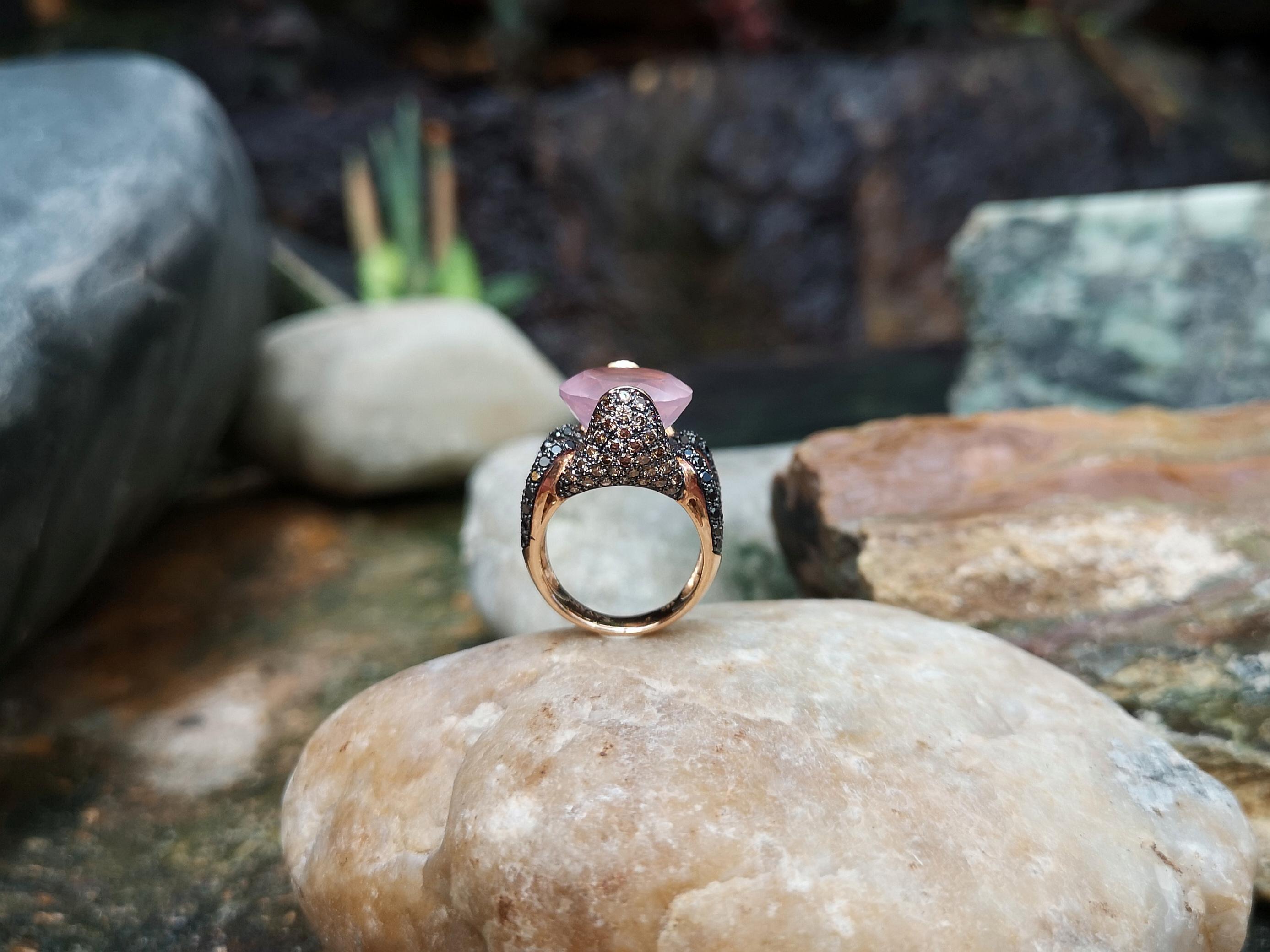 Quartz, Diamond, Brown Diamond and Black Diamond Ring Set in 18 Karat Rose Gold For Sale 4