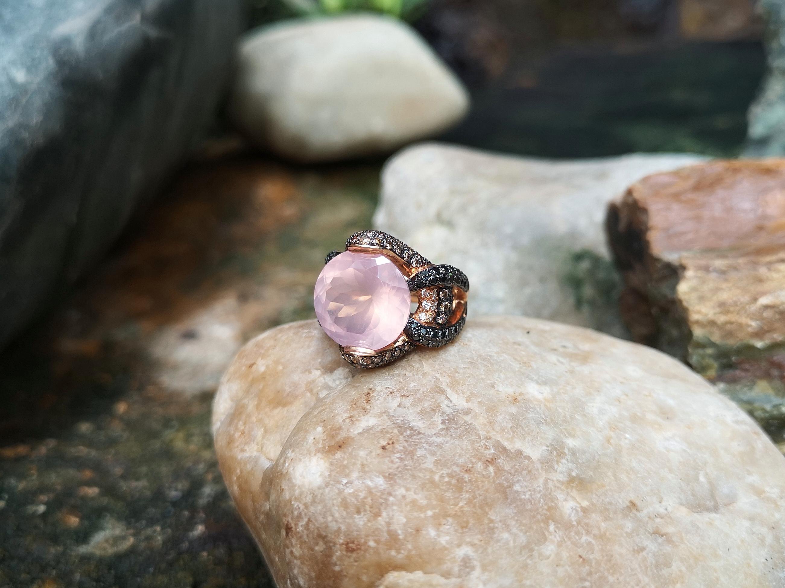 Quartz, Diamond, Brown Diamond and Black Diamond Ring Set in 18 Karat Rose Gold For Sale 6