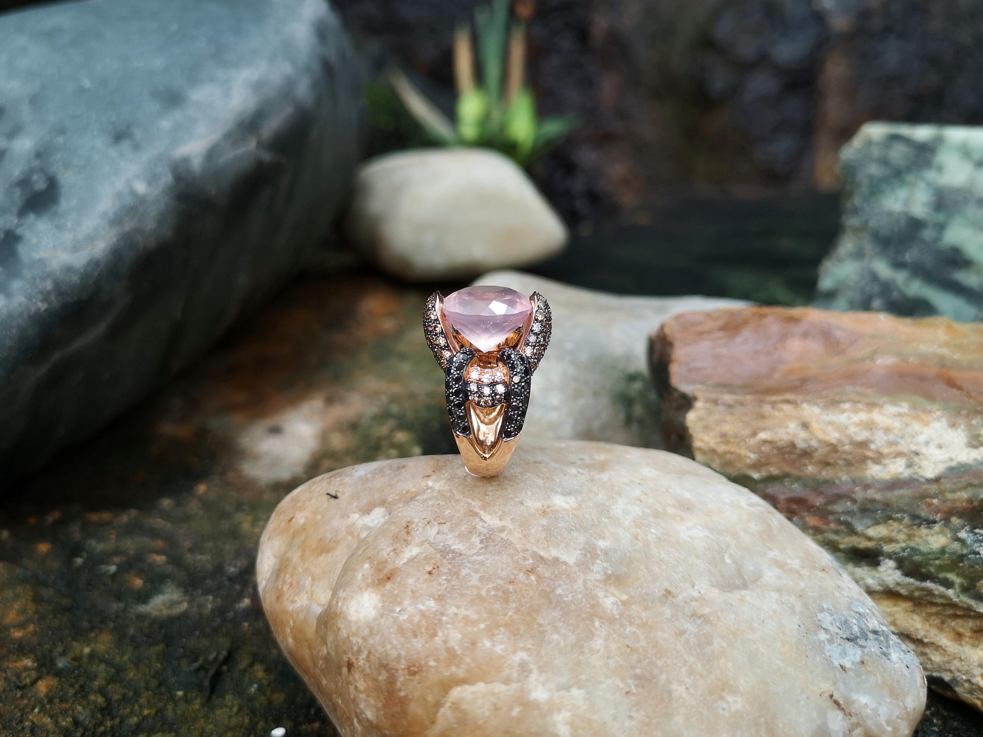 Quartz, Diamond, Brown Diamond and Black Diamond Ring Set in 18 Karat Rose Gold For Sale 1