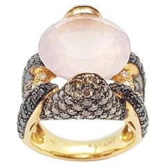 Quartz, Diamond, Brown Diamond and Black Diamond Ring Set in 18 Karat Rose Gold