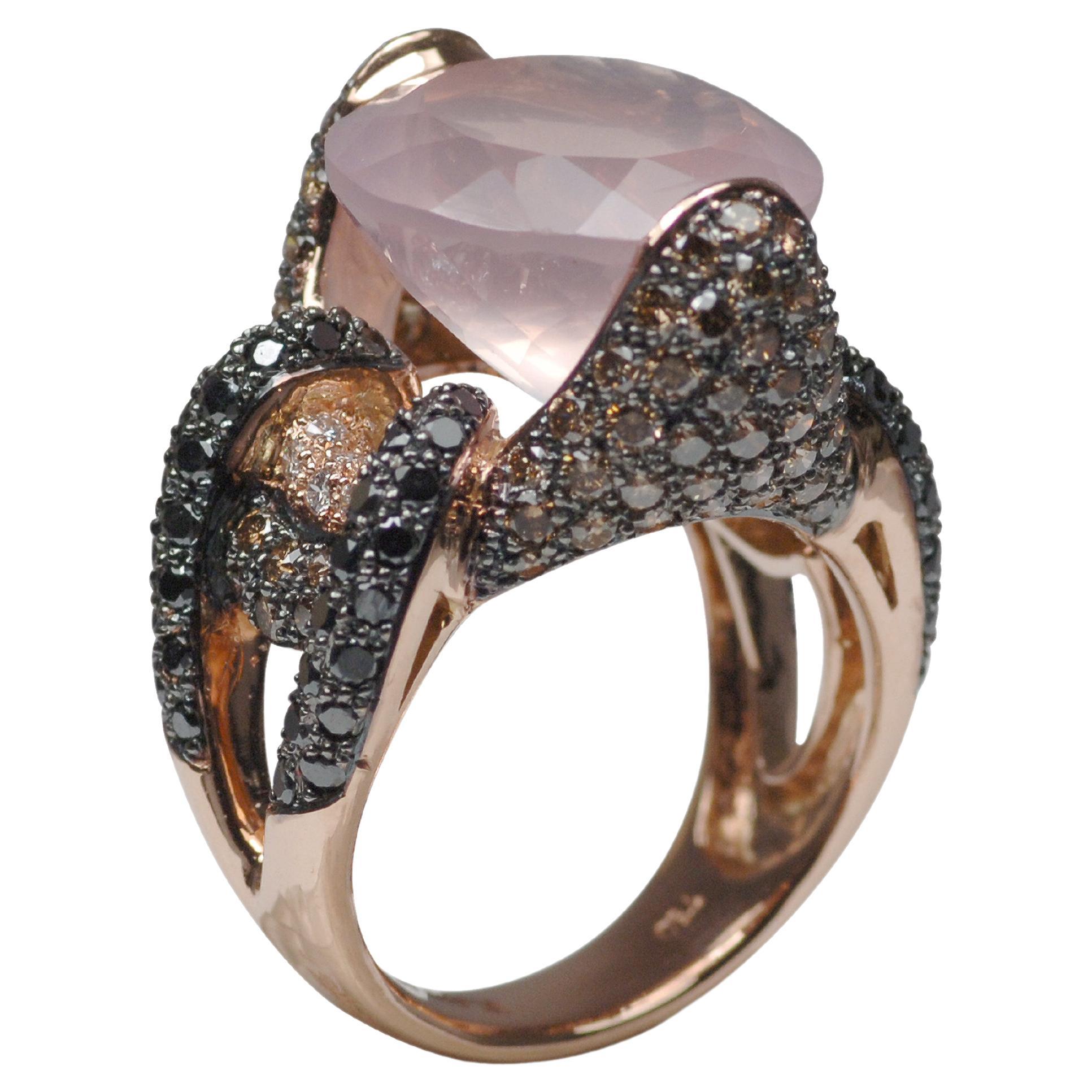 Quartz, Diamond, Brown Diamond and Black Diamond Ring Set in 18 Karat Rose Gold