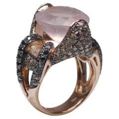 Quartz, Diamond, Brown Diamond and Black Diamond Ring Set in 18 Karat Rose Gold