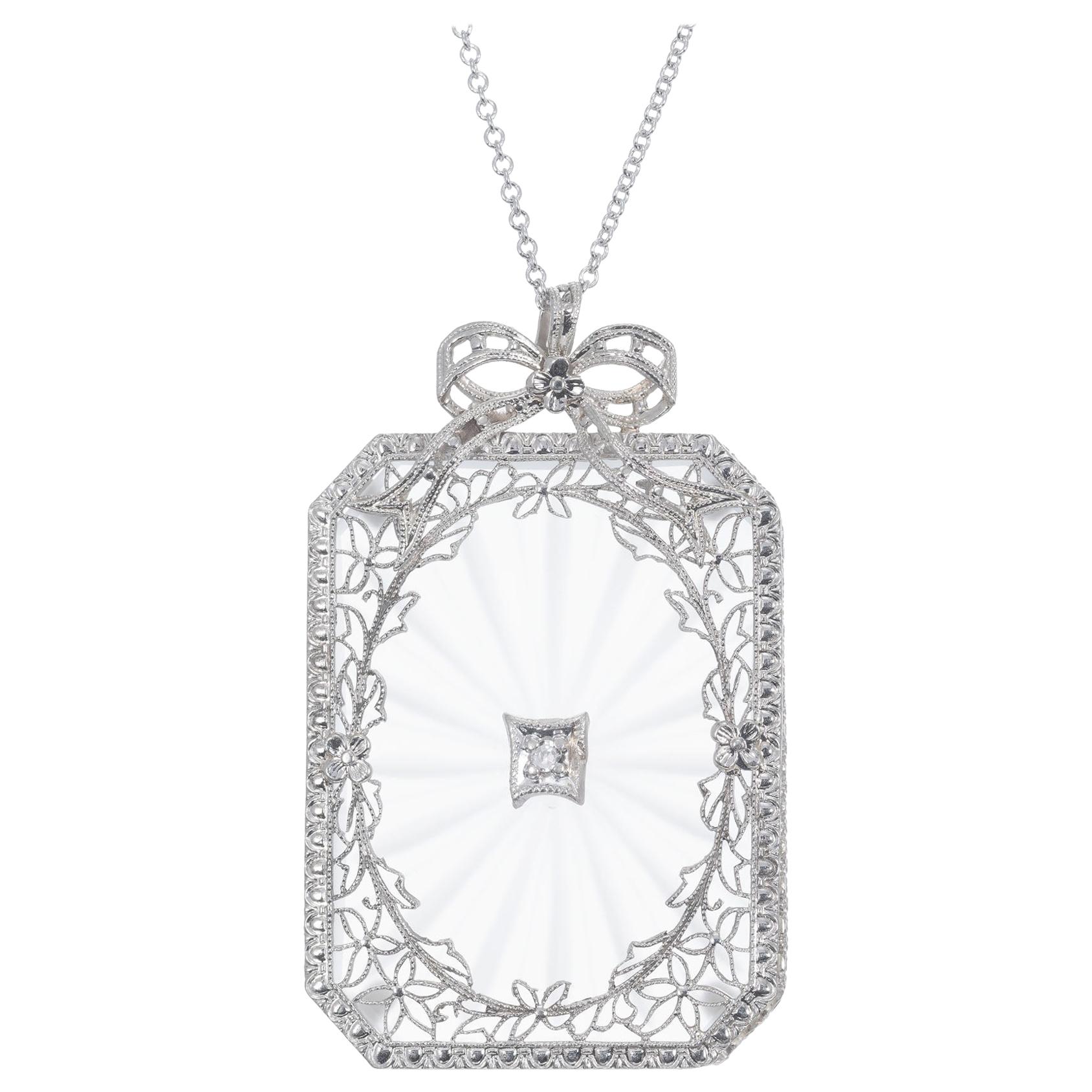 Quartz Diamond Filigree Pendant Necklace For Sale