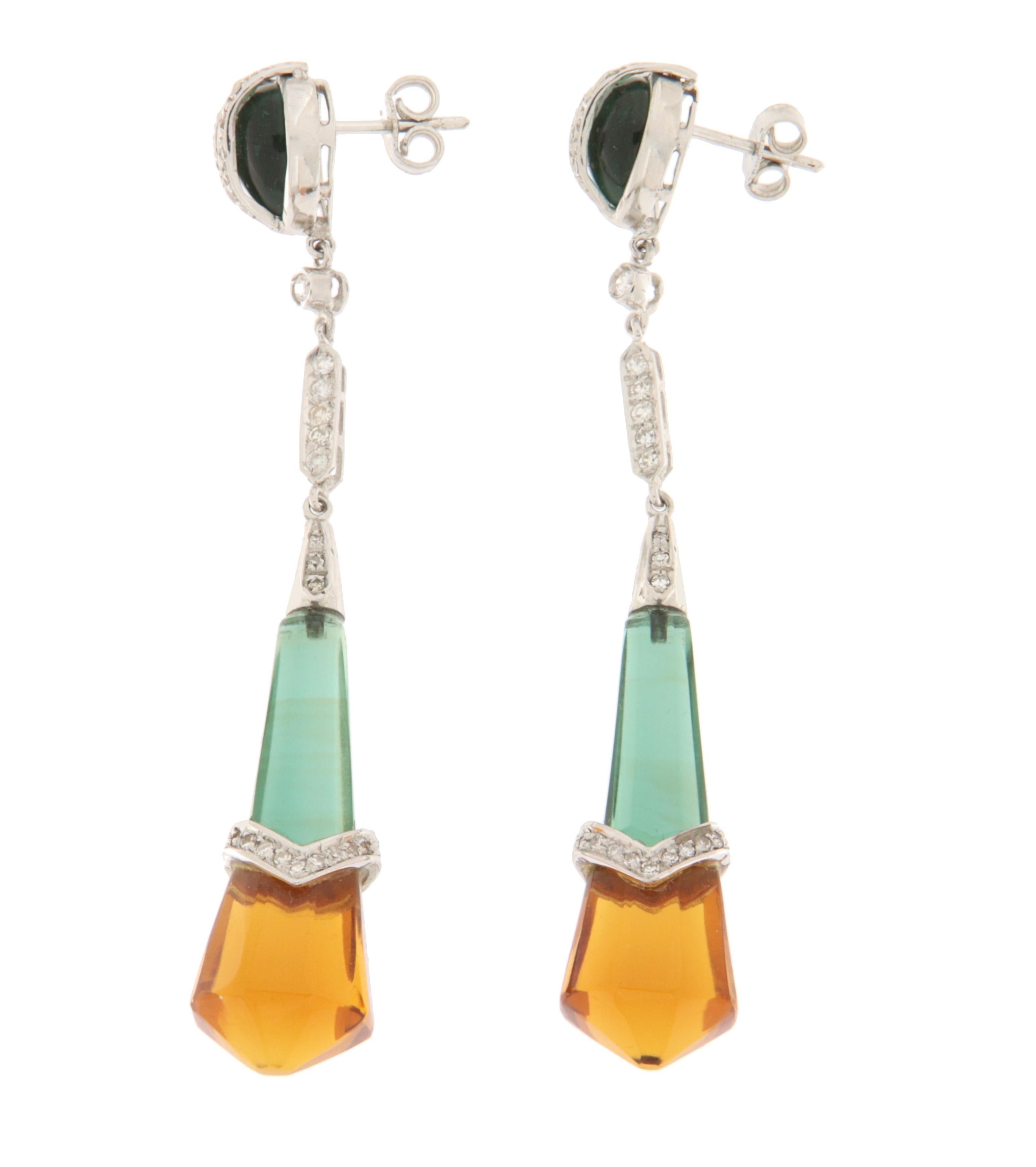 Taglio misto Orecchini a goccia con quarzo e diamanti in oro bianco 18 Kt in vendita