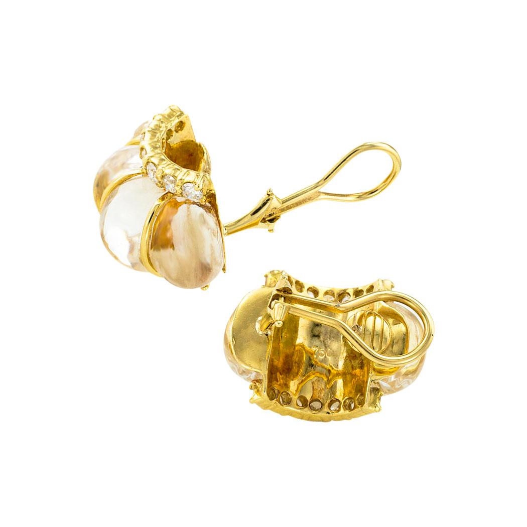 Contemporary Quartz Diamonds Yellow Gold Half-Hoop Clip on Earrings
