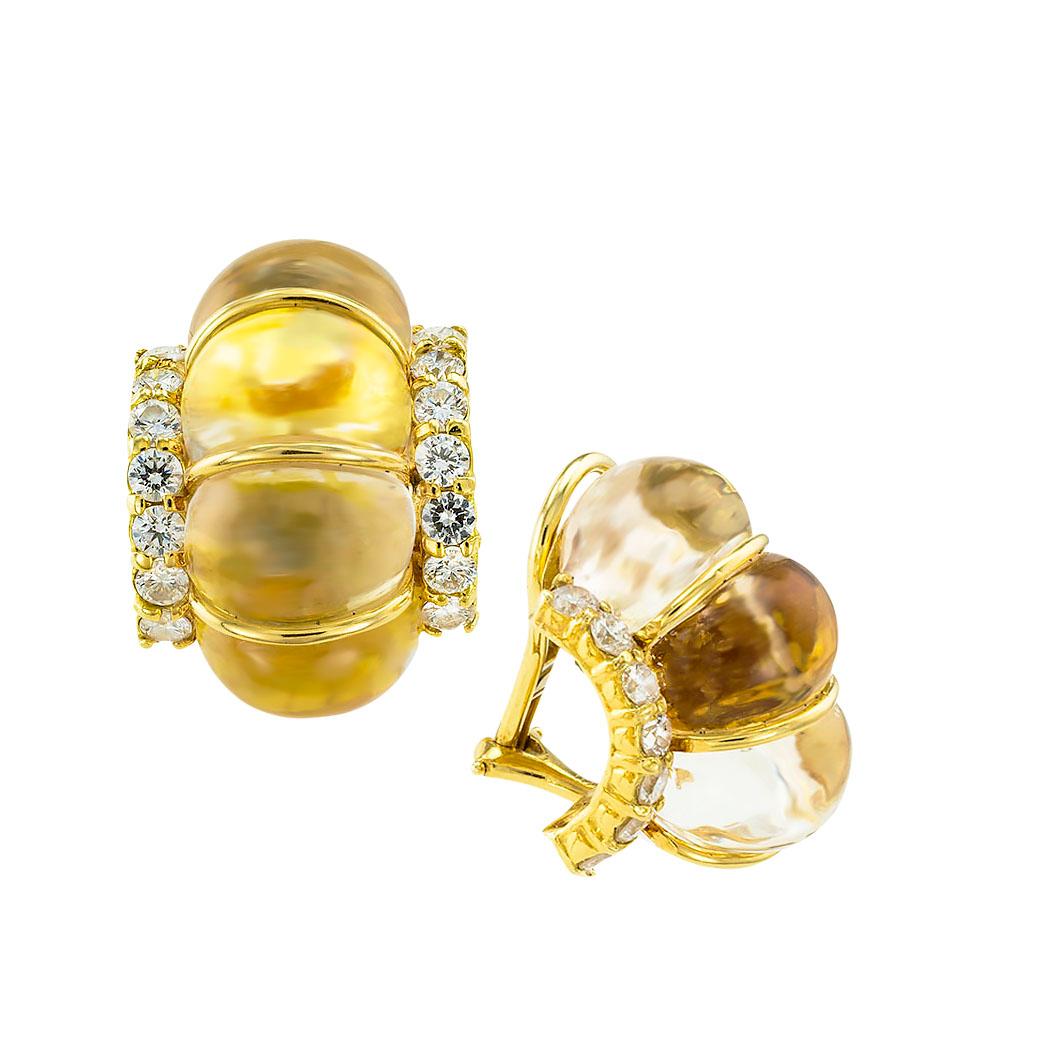 Round Cut Quartz Diamonds Yellow Gold Half-Hoop Clip on Earrings
