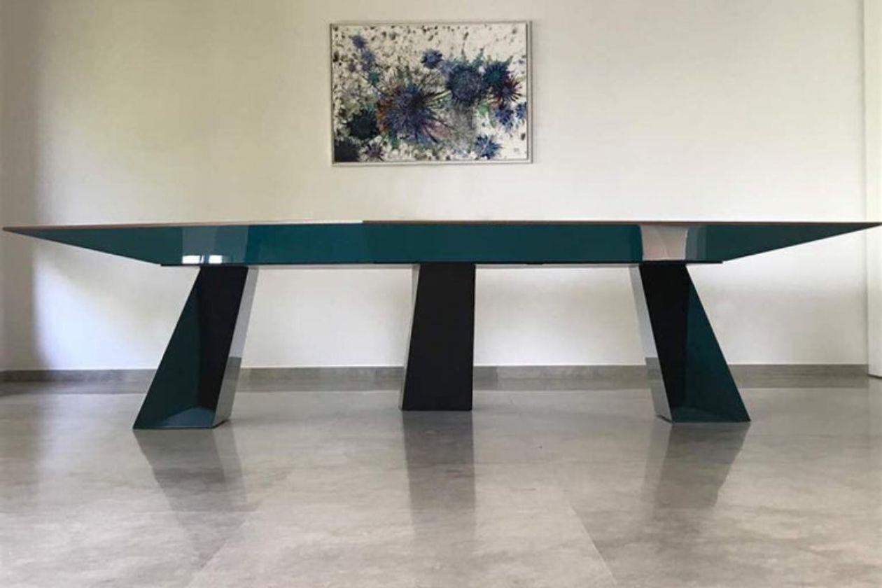 Modern Quartz, Dining Table in Teak Burma, Metal and Stainless Steel For Sale