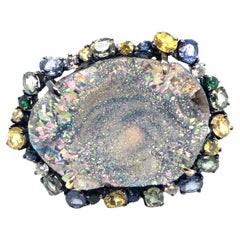 Quartz Druzy, Sapphire, and Diamond Ring 18K Blackened Gold