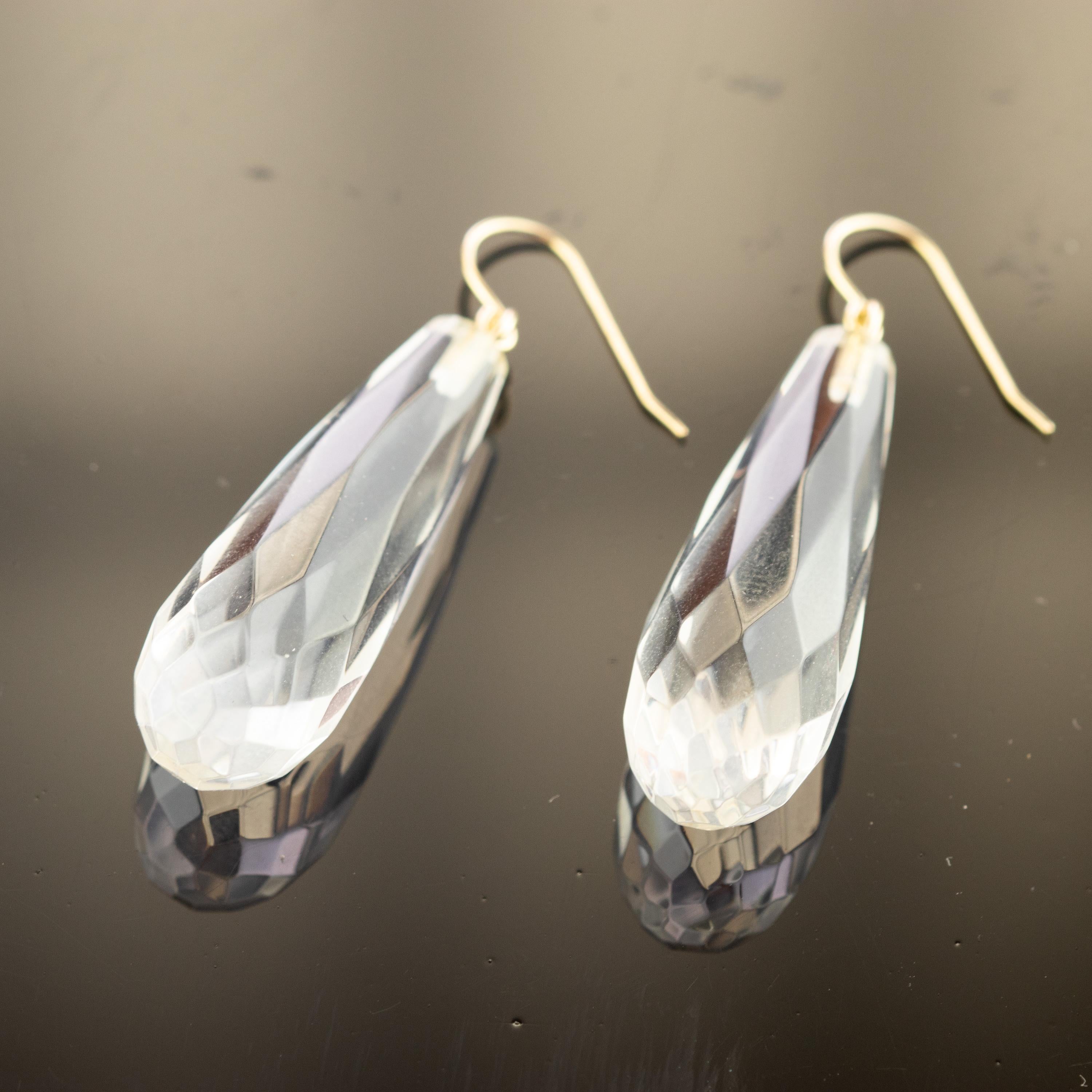 Women's Quartz Faceted Rock Crystal 18 Karat Gold Teardrop Dangle Modern Chic Earrings For Sale
