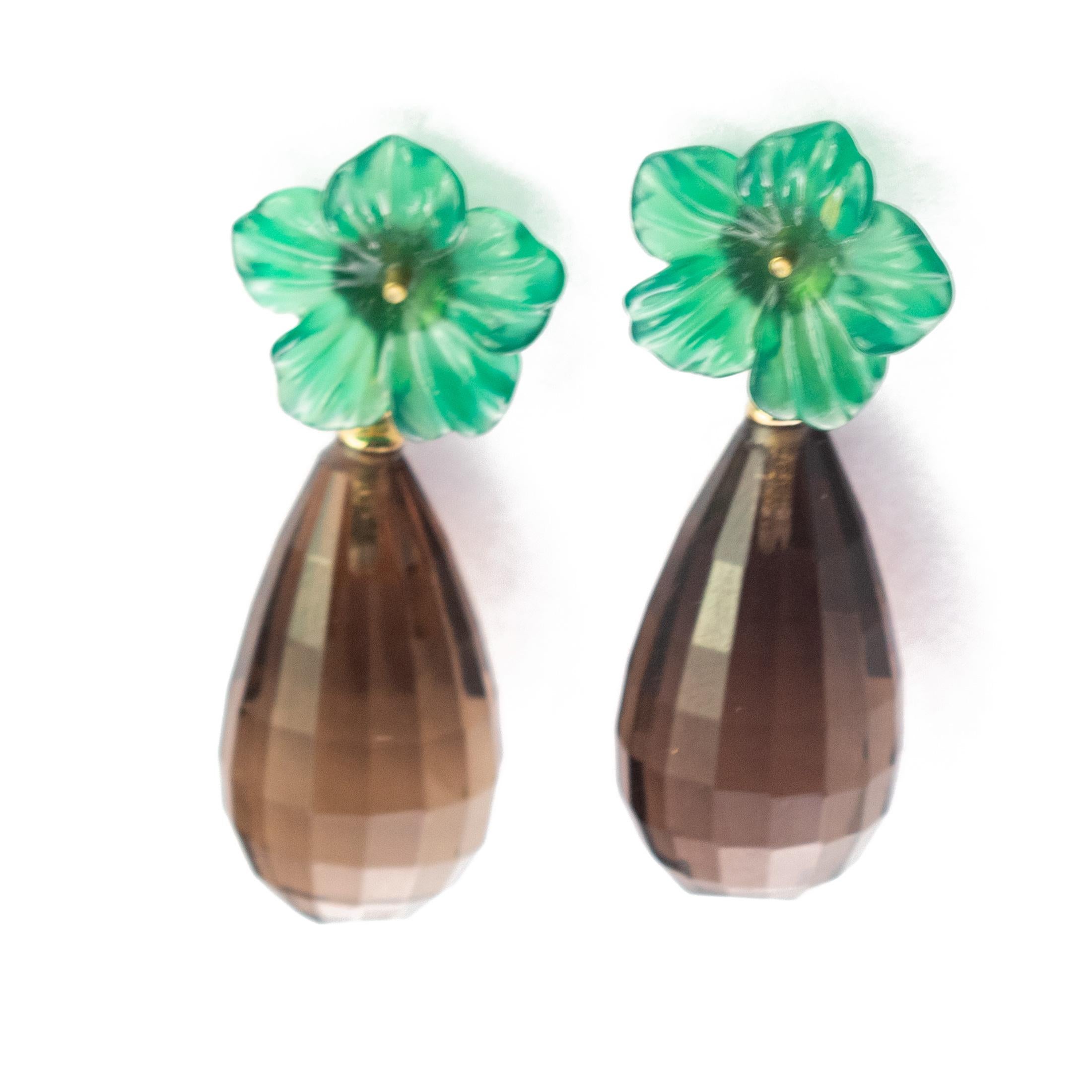 Boucles d'oreilles chics en goutte en or 18 carats avec fleur en agate facettée et quartz fumé Pour femmes en vente
