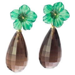 Quartz Fume Faceted Agate Flower Drop Brown 18 Karat Gold Drop Chic Earrings