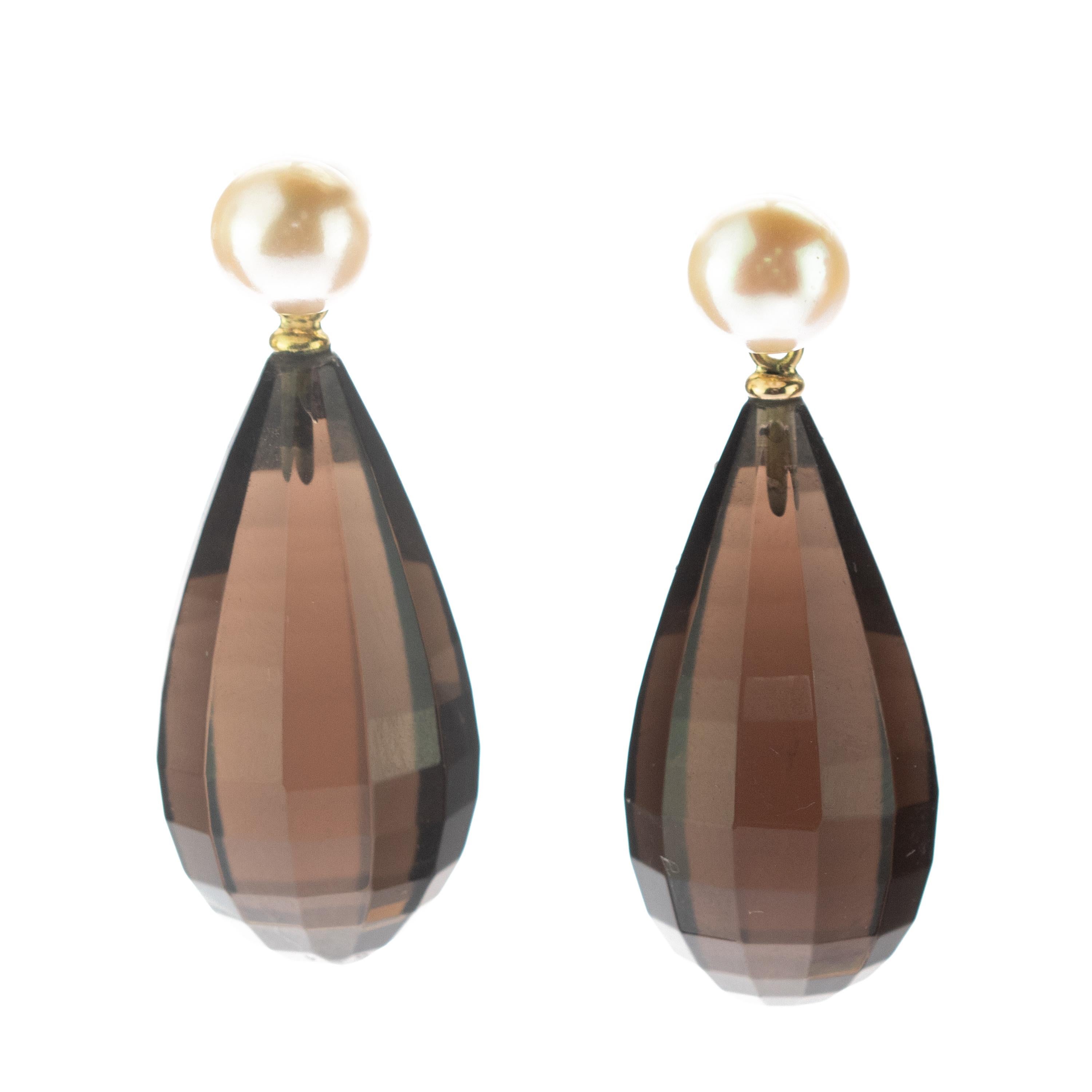 Pear Cut Quartz Fume Faceted Freshwater Pearl Drop Brown 18 Karat Gold Drop Chic Earrings For Sale