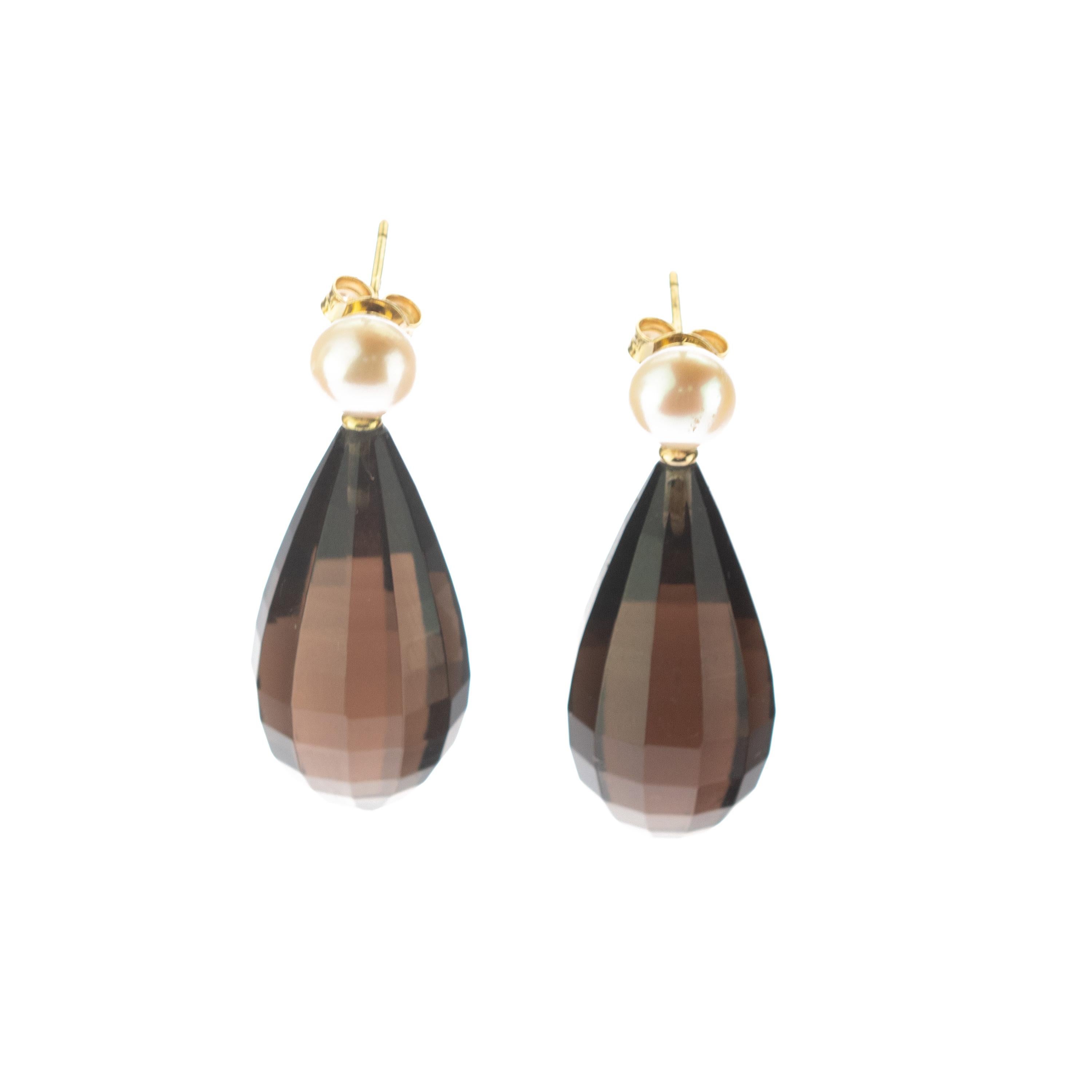 Quartz Fume Faceted Freshwater Pearl Drop Brown 18 Karat Gold Drop Chic Earrings In New Condition For Sale In Milano, IT
