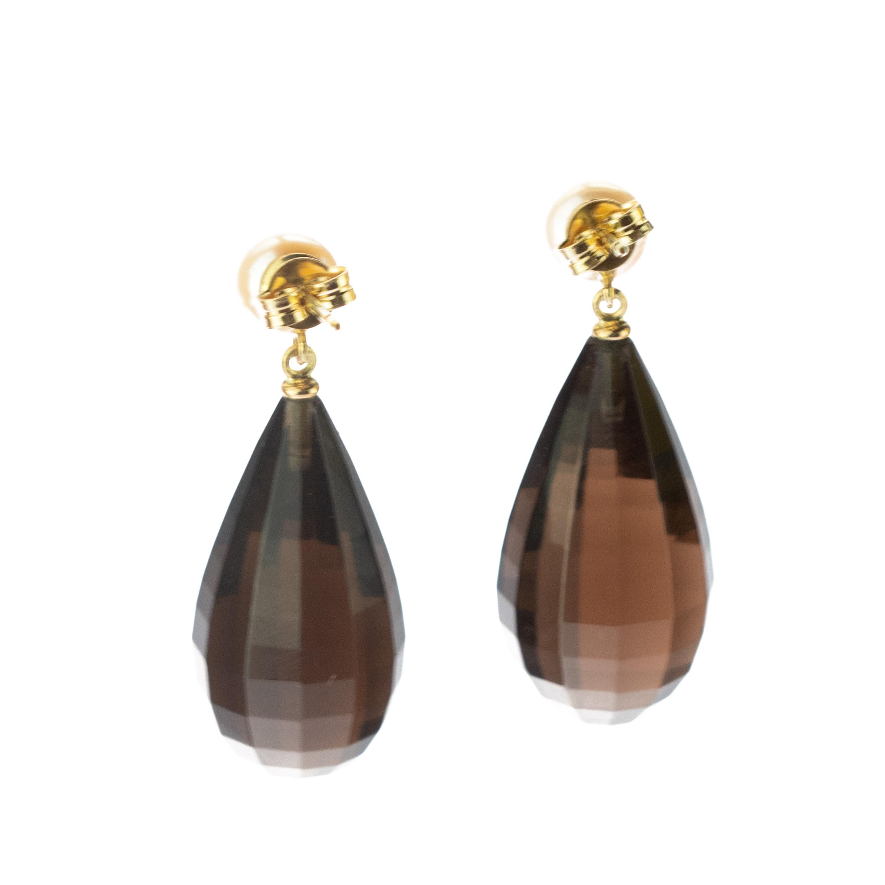 Quartz Fume Faceted Freshwater Pearl Drop Brown 18 Karat Gold Drop Chic Earrings For Sale 1