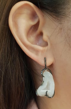 Quartz Geode with Black Diamond Earrings Set in 18 Karat White Gold Settings