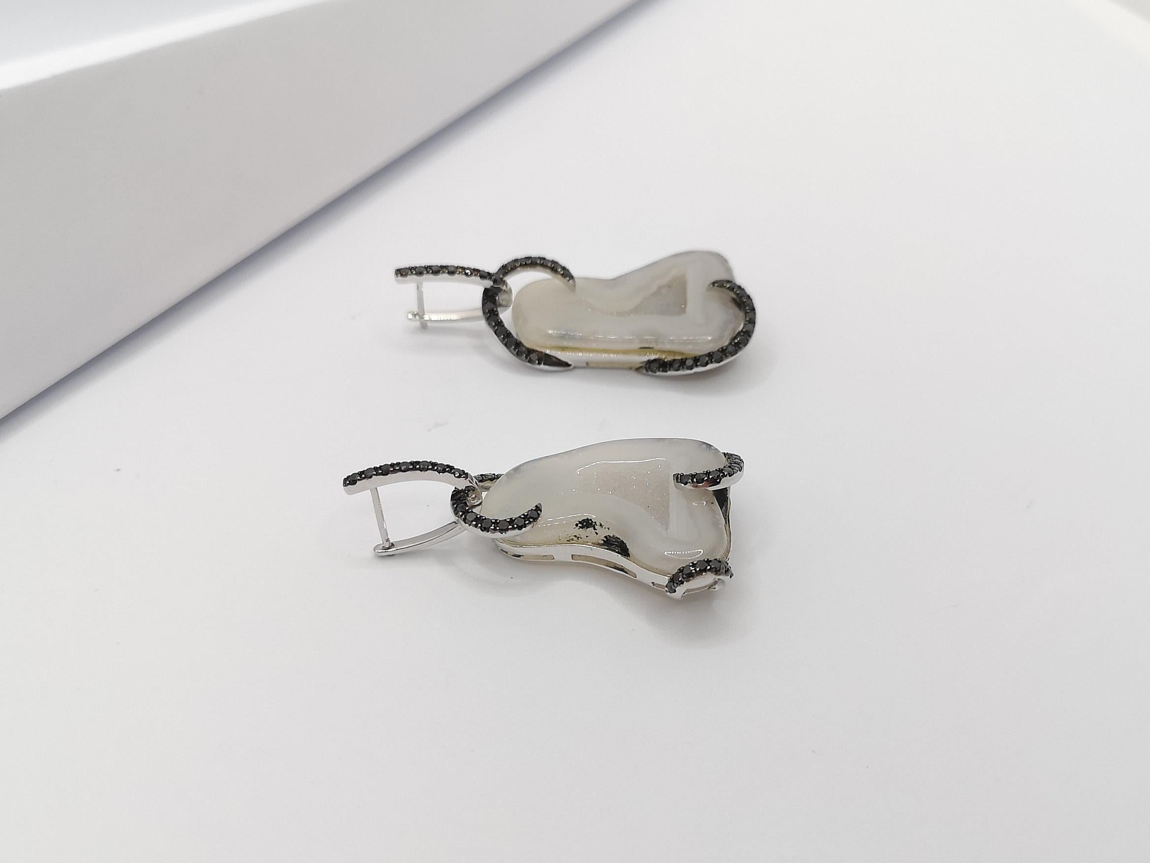 Mixed Cut Quartz Geode with Black Diamond Earrings Set in 18 Karat White Gold Settings For Sale